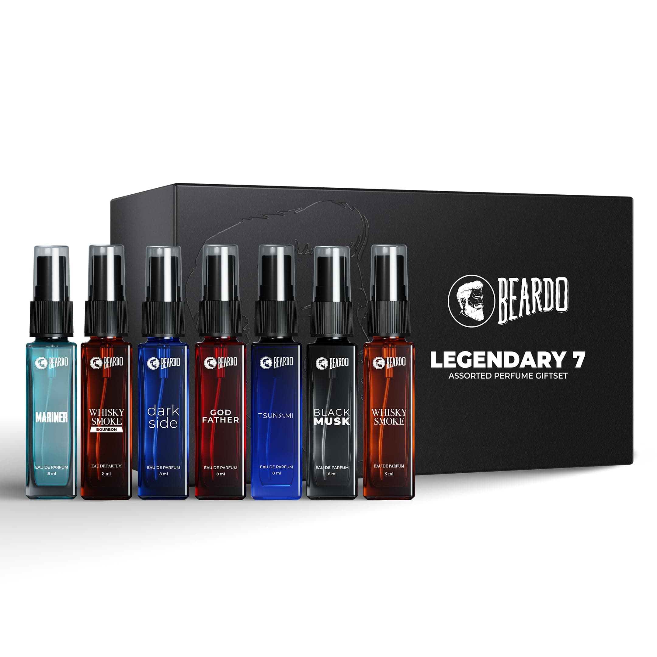 Legendary 7 Assorted Perfume Gift Set for Men 7X8ml with Long Lasting Fragrances | Travel Pack with Mariner Whisky Smoke Dark Side God Father Tsunami & Black Musk | Rakhi Gift for Brother |
