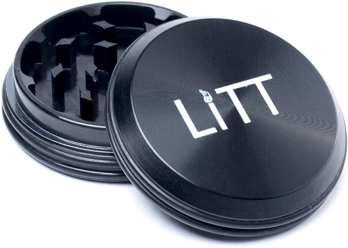 LITT Premium Grinder - Flat Pocket-Sized Aluminium Two-Part Grinder with Rubber Grip, Curved Cut Teeth Metal Herb & Spice Grinder, Magnetic Top Lid, Kief Pollen Collector, Sharp Grinding