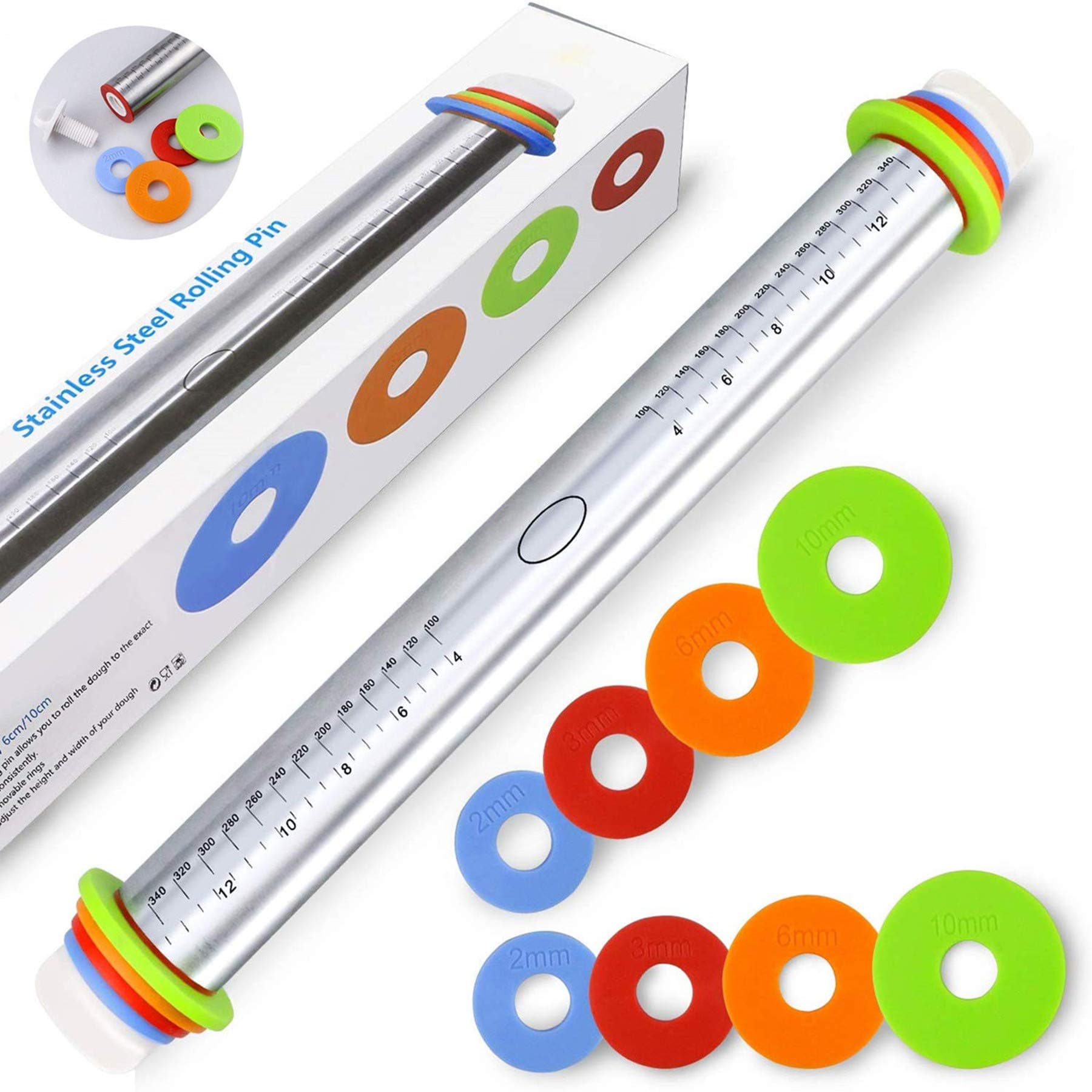 Rolling Pin - Stainless Steel Cookie Rolling Pin 17 in Adjustable Stainless Steel Rolling Pins for Baking Cookie Chapati Fondant Dough Pastry Pizza Pie Crust