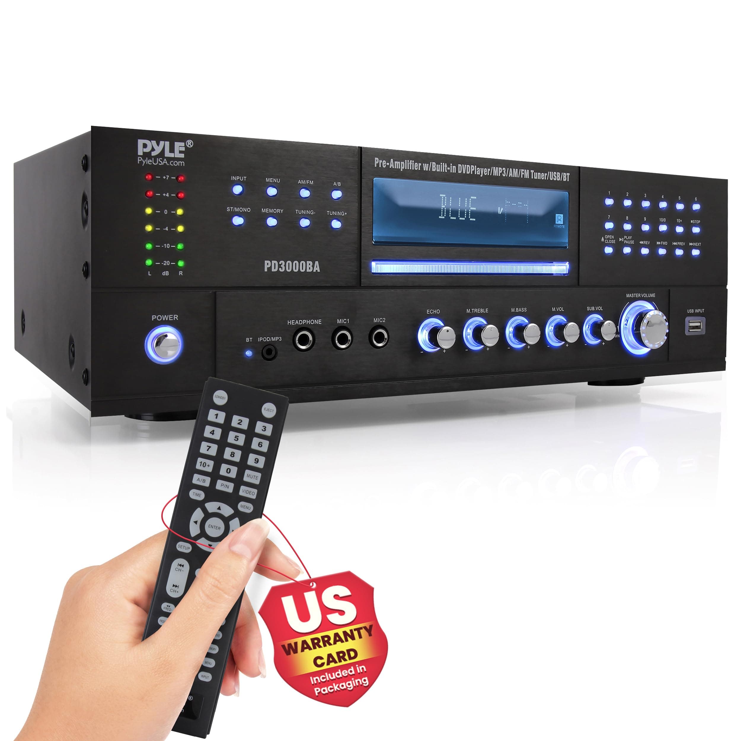 4 Channel Wireless Bluetooth Amplifier - 3000 Watt Stereo Speaker Home Audio Receiver w/FM Radio, USB, 2 Microphone w/Echo for Karaoke, Front Loading CD DVD Player, LED, Rack Mount - PD3000BA