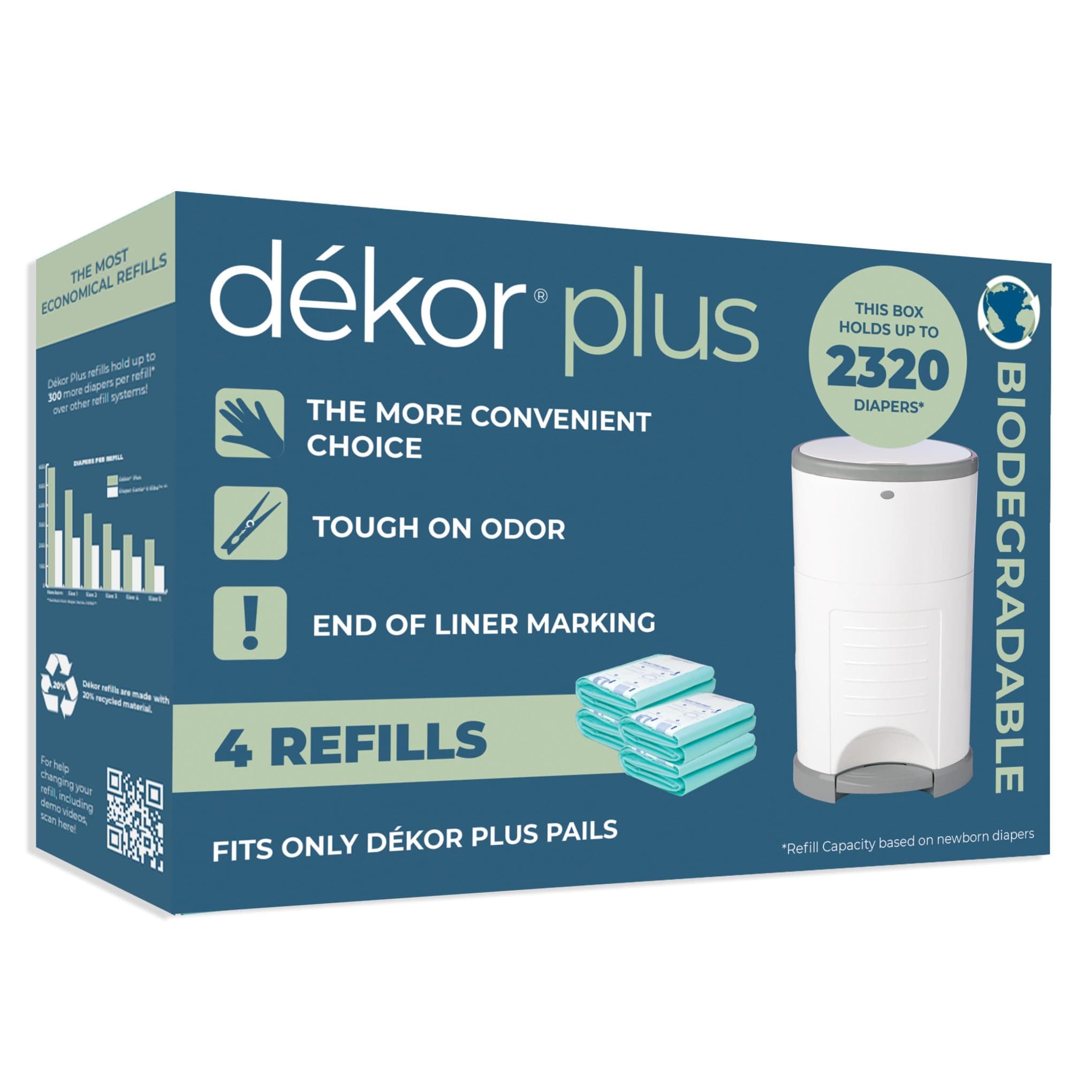 Diaper Dekor Plus Diaper Pail Biodegradable Refills | 4 Count | Most Economical Refill System | Quick & Easy to Replace | No Preset Bag Size – Use Only What You Need | Exclusive End-of-Liner Marking