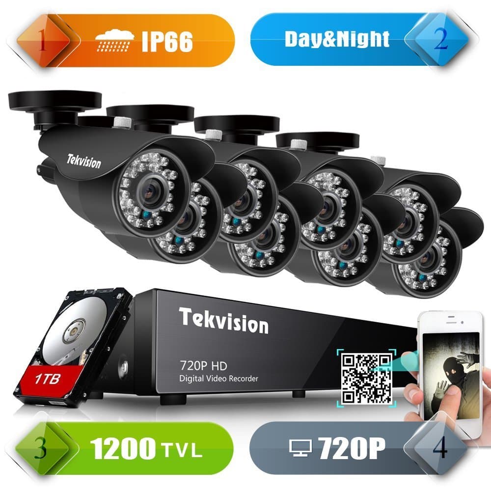 Tekvision® H.264 AHD 8CH 720P 1200TVL QR Code scan Remote Access Surveillance DVR Kit, 8 Pack Day/Night Vision IR-Cut 720P HD Bullet Camera, 1TB HDD pre-Installed- IP66 Waterproof NTSC Cam