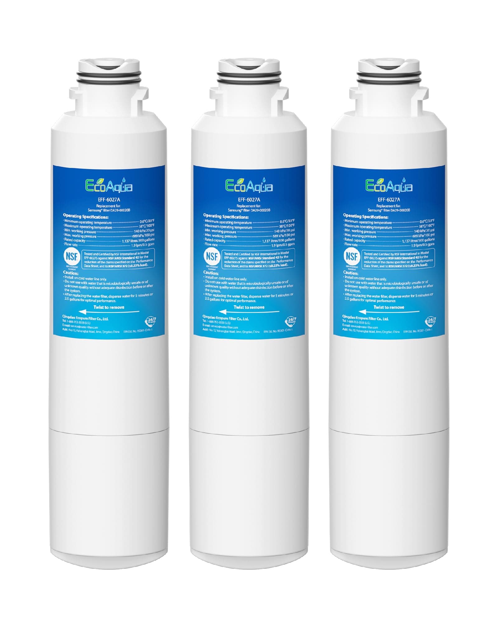 EcoAqua EFF-6027A Replacement Filter, Compatible with Samsung DA29-00020B, DA29-00020A, HAF-CIN/EXP, 46-9101 Refrigerator Water Filter, 3 Pack