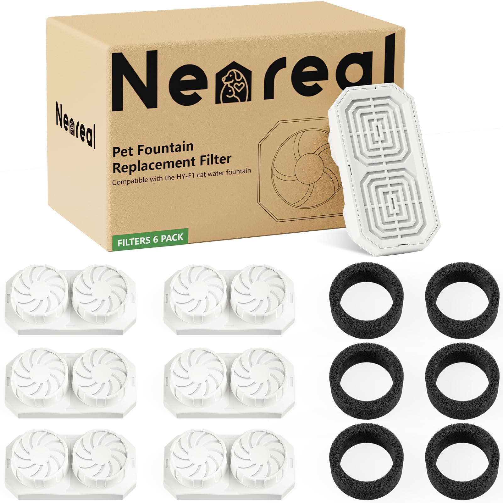 Neareal Official 6-Pack Replacement Filters and Pre-Filter Sponges for 108 oz / 3.2 L Stainless Steel Cat Water Fountain