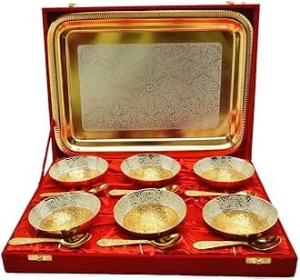 R Ayurveda Copper Silver and Gold Plated Bowl Spoon with Plate Set of 13 Pcs, 100 ml