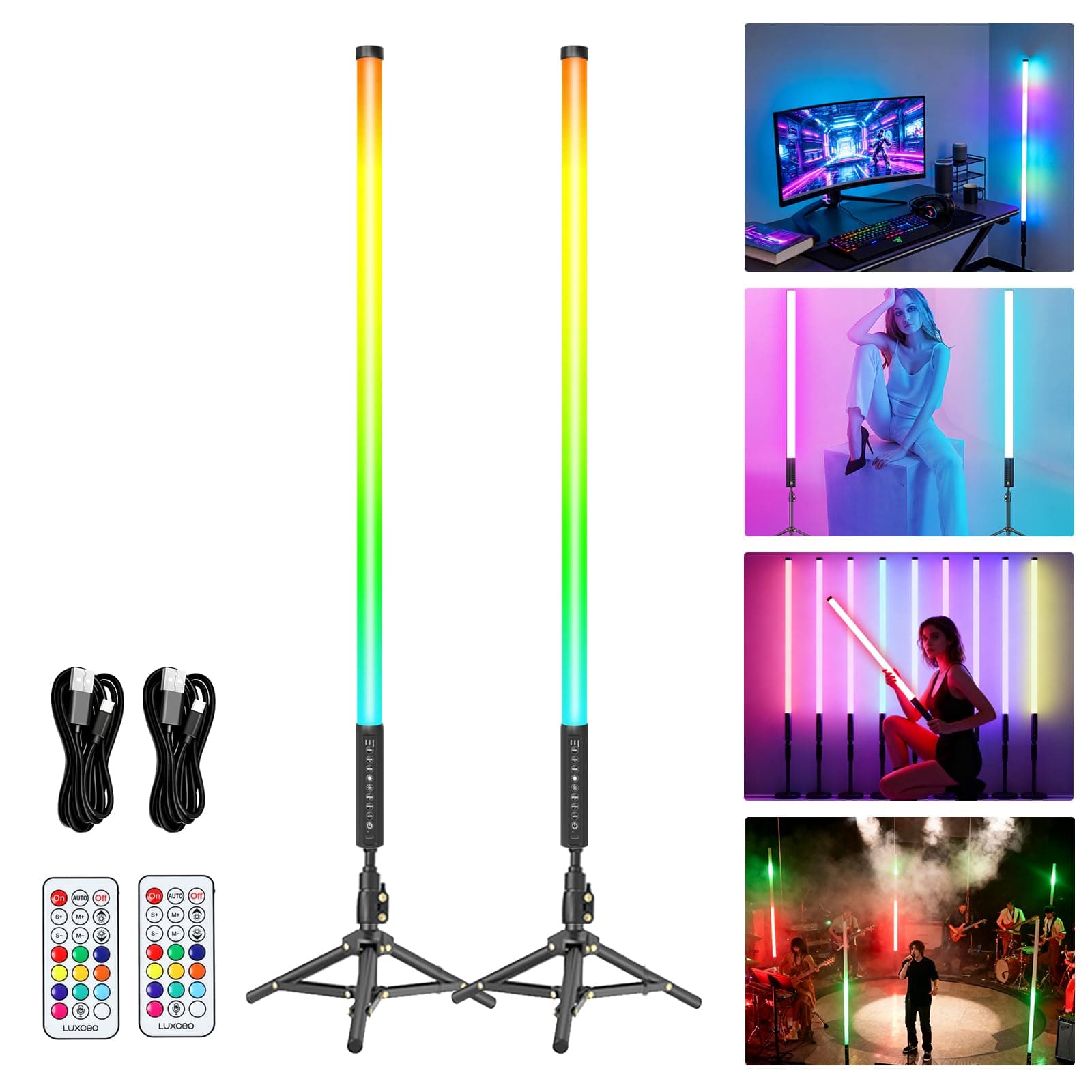 2Pack RGB Tube Light Bar (2.8Ft) with Light Stand, Battery Powered LED Video Light Wand Stick for DJ Lighting, Dance Club and Photography Lighting