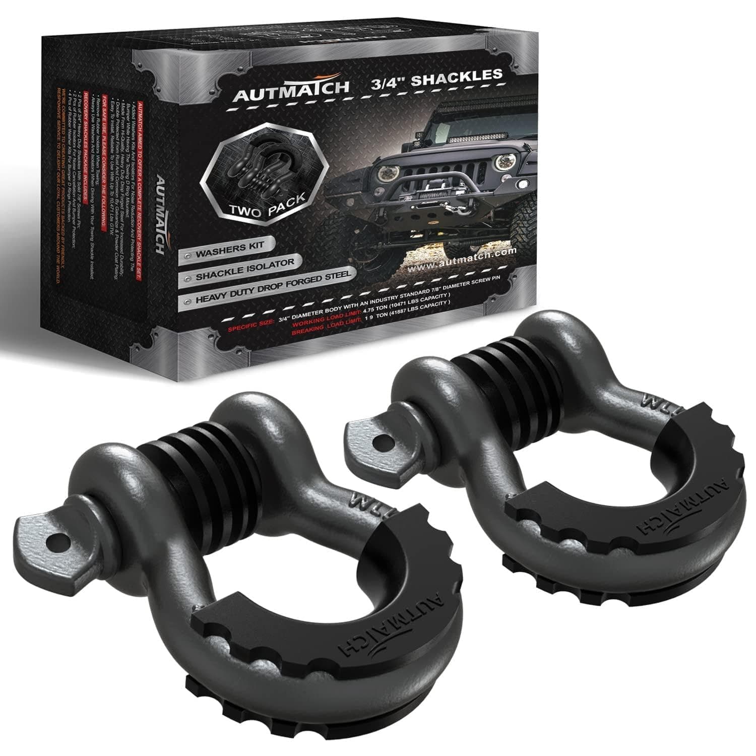 AUTMATCH D Ring Shackle 3/4" Shackles (2 Pack) 41,887Ibs Break Strength, Clevis Shackle with 7/8" Screw Pin & Shackle Isolator Washers Kit for Tow Strap Winch Off Road Vehicle Recovery, Gunmetal Gray