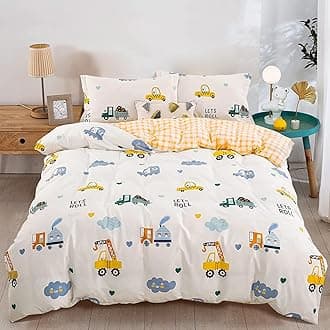 DJY Kids Duvet Cover Set Queen, Cotton Cartoon Car Truck Bedding Set for Boys Girls, 3 Pieces Soft Breathable White Yellow Plaid Reversible Comforter Cover Set (1 Duvet Cover+2 Pillowcases)