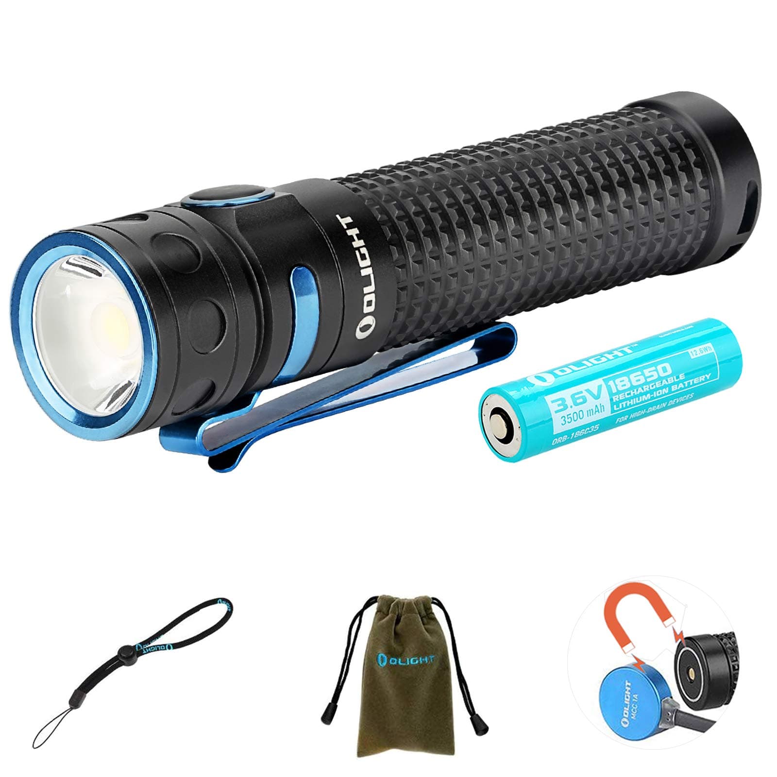 Olight Baton PRO Flashlight 2000 lumens/ 132 Meters Cool White LED Rechargeable Portable Torches, with 1 * 18650 Battery+ Tidusky Battery Case