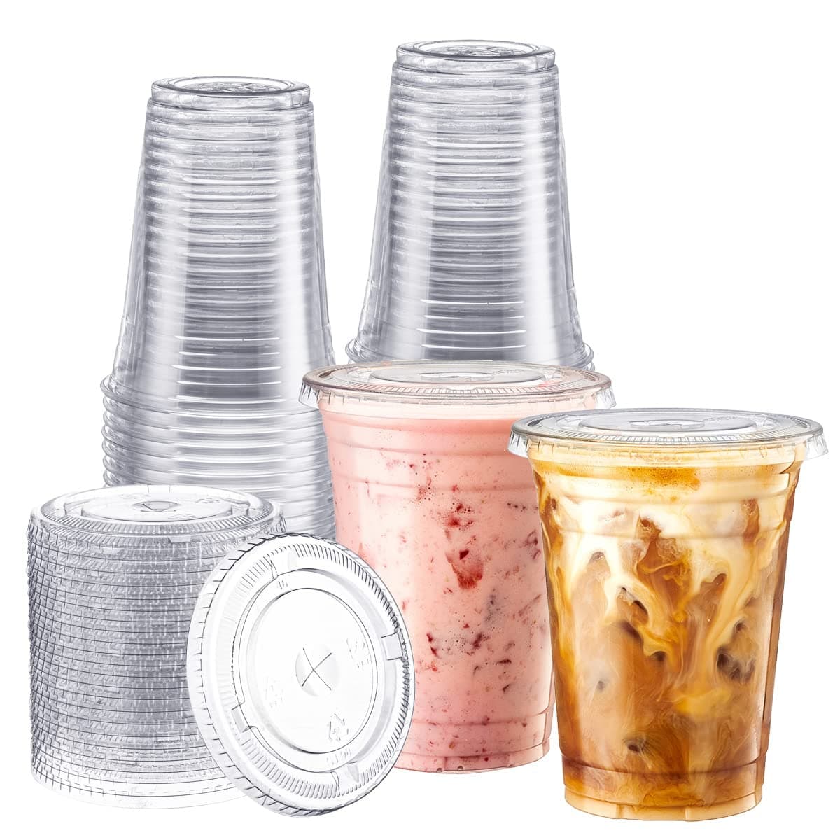 [100 Sets 16 oz. Plastic Cups With Lids, Smoothie Cups, Milkshake Cups