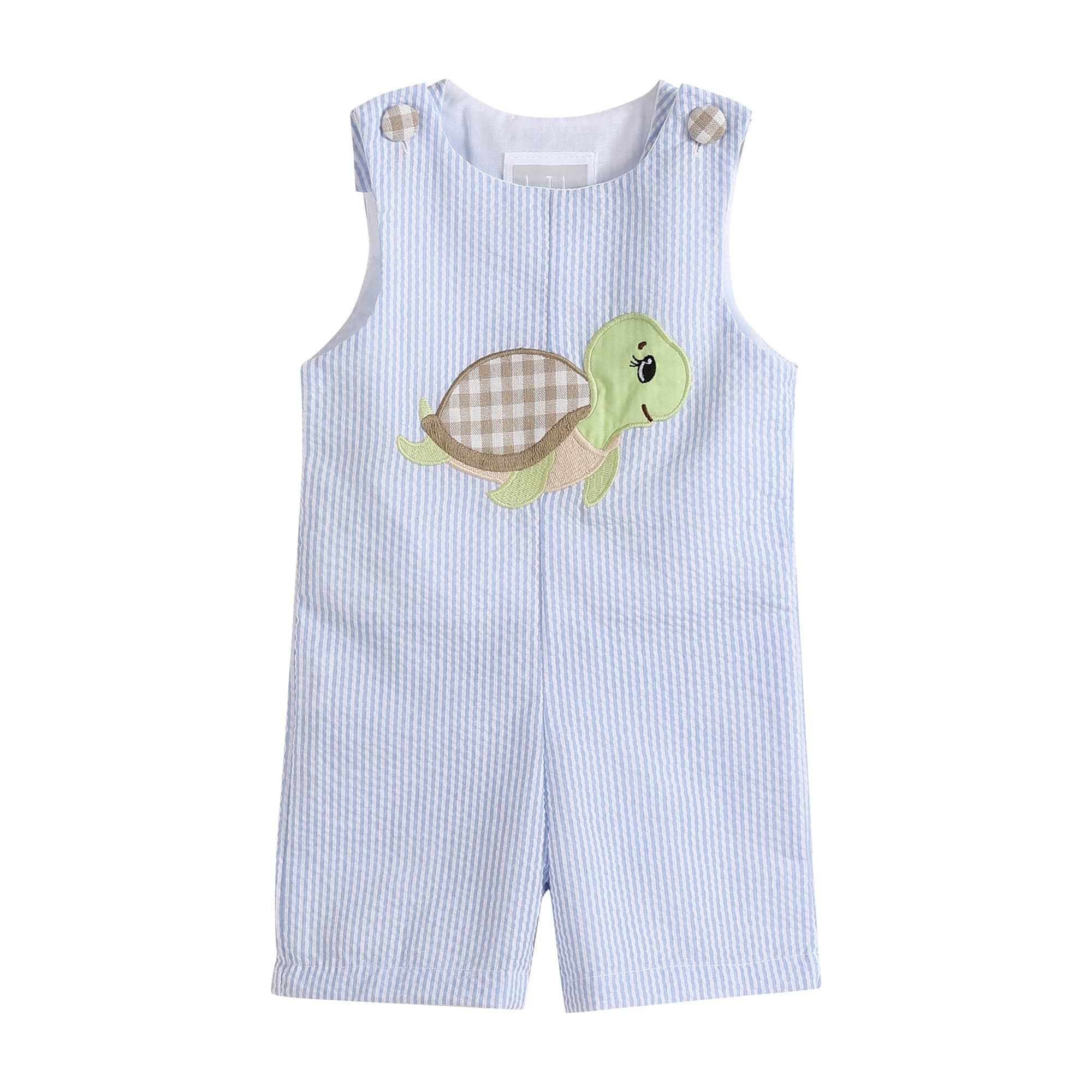 Lil cactusLight Blue Stripe Turtle Applique Shortalls