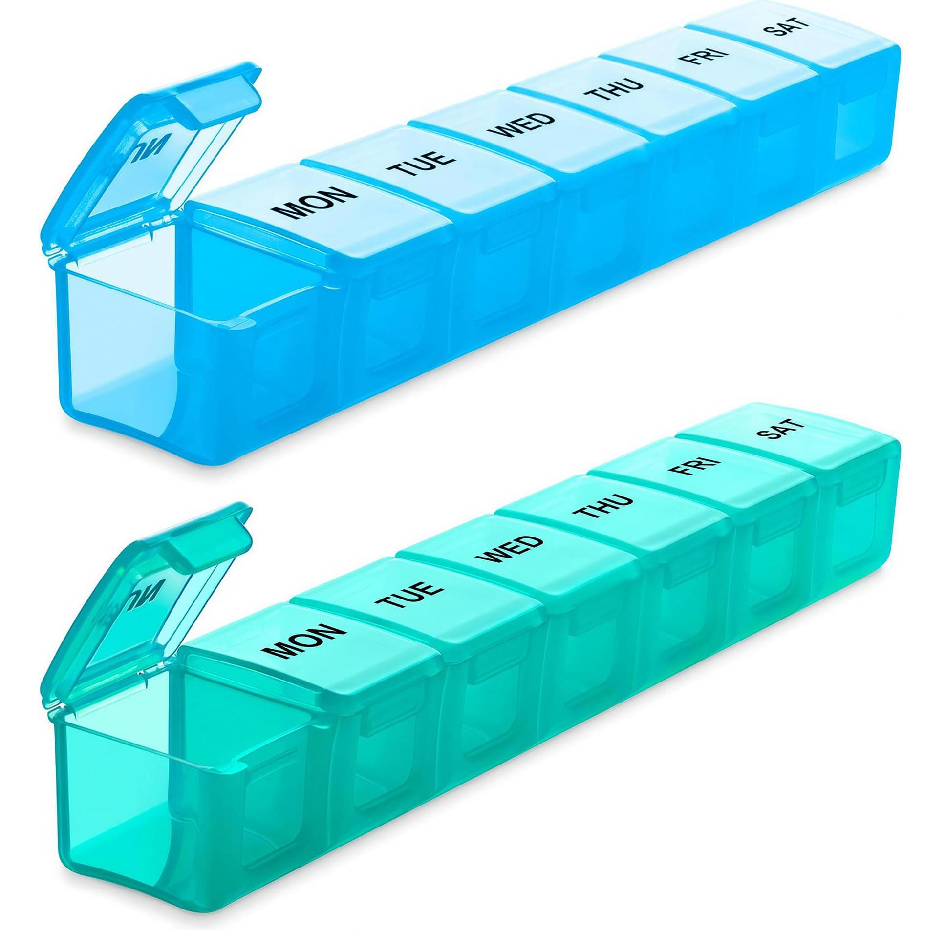 BUG HULL Weekly Pill Organizer Large 2 Packs, Extra Large Travel Pill Organizers, Pill Box 7 Day, Travel Pill Case, Medicine Pill Organizer for Vitamins, Supplements and Medications (Blue+Green)