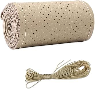 Steering Wheel Cover, DIY Sewing with Needle & Thread, Breathable Anti-Slip Car Steering Wheel Protector, Universal 15 Inch Auto Steering Wheel Stitch on Wrap (Beige, Full Hole)