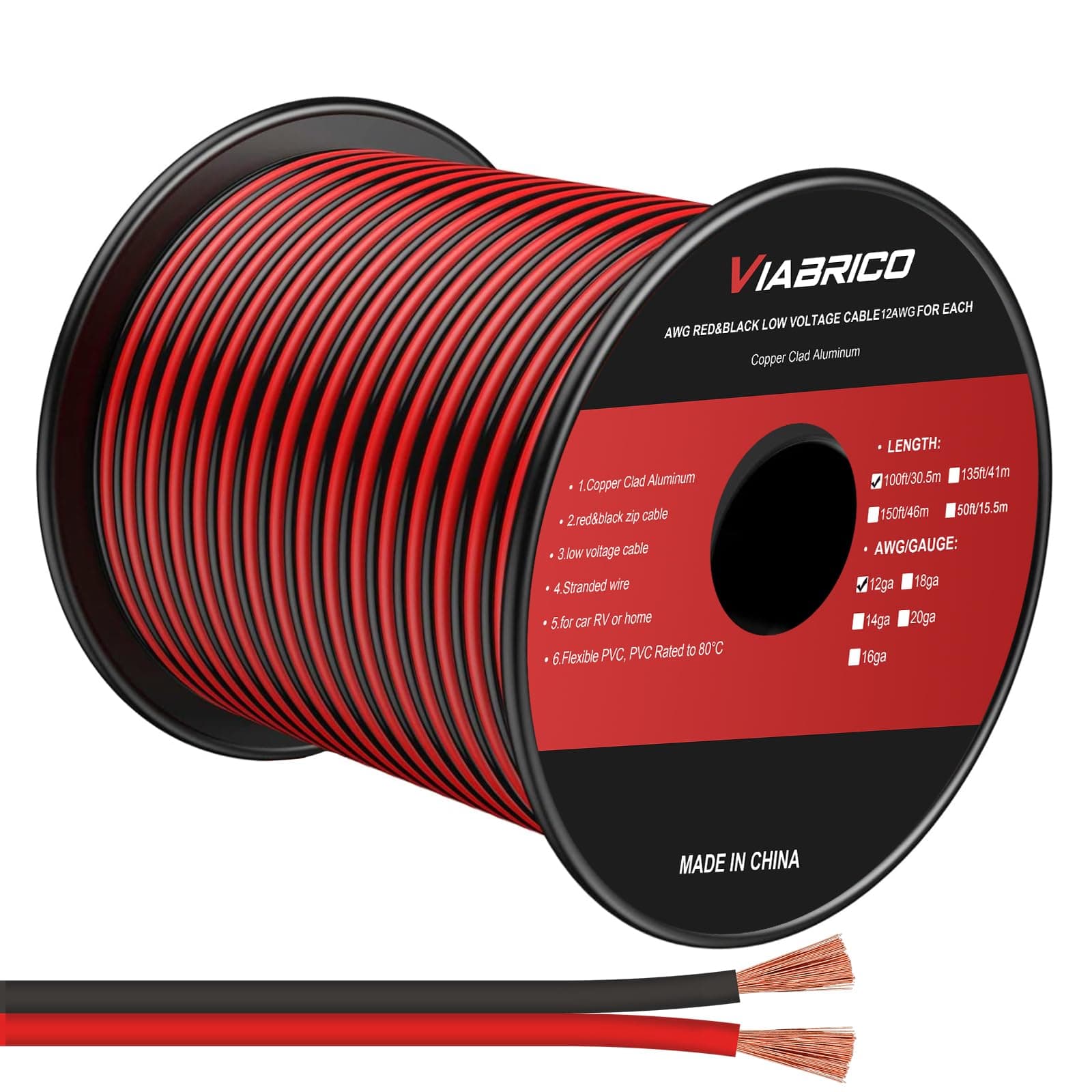 VIABRICO 12Gauge 100FT Electrical Wire - 2 Conductor Red/Black Cable for LED Lighting Strips - 12AWG Copper Clad Aluminum - 12V/24V DC