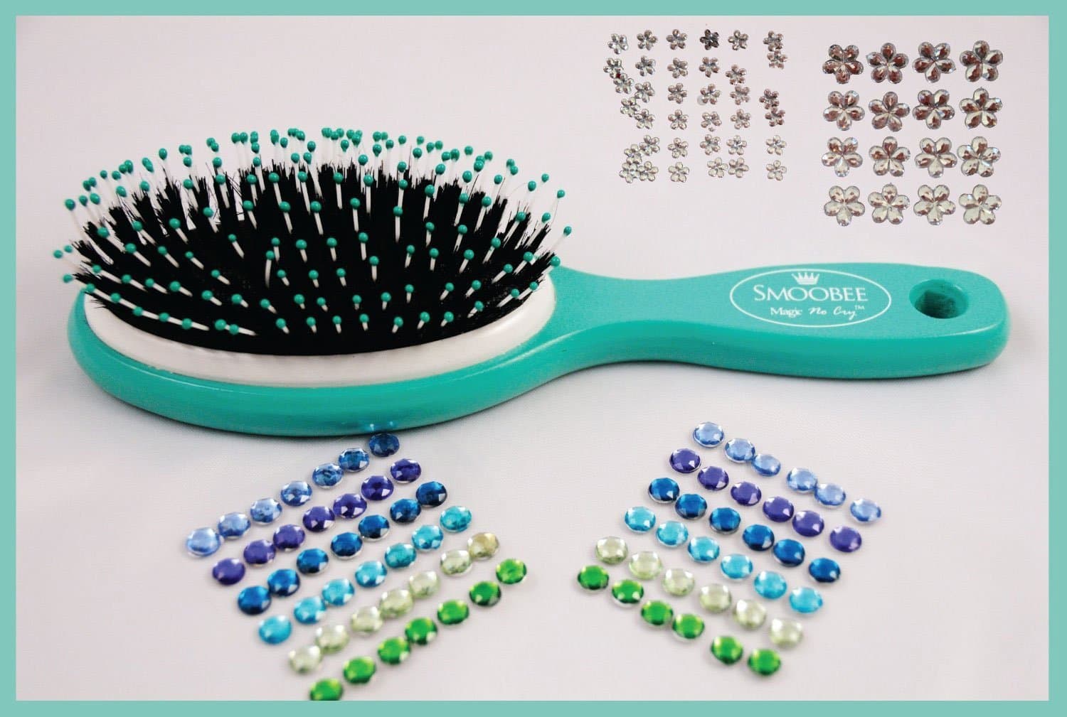 Magic No Cry Hair Detangling Brush with 2 Sets of Gem Stickers - Turquoise