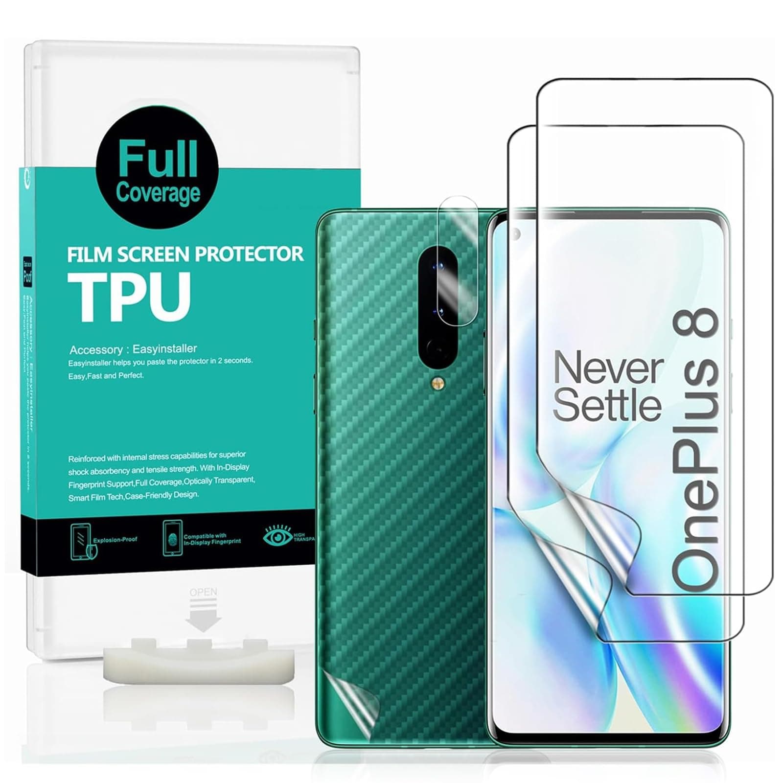 Ibywind Screen Protector For OnePlus 8,with 2Pcs Flexible TPU Film,1Pc Camera Lens Protector,1Pc Backing Carbon Fiber Film [Fingerprint Reader,Easy to install]