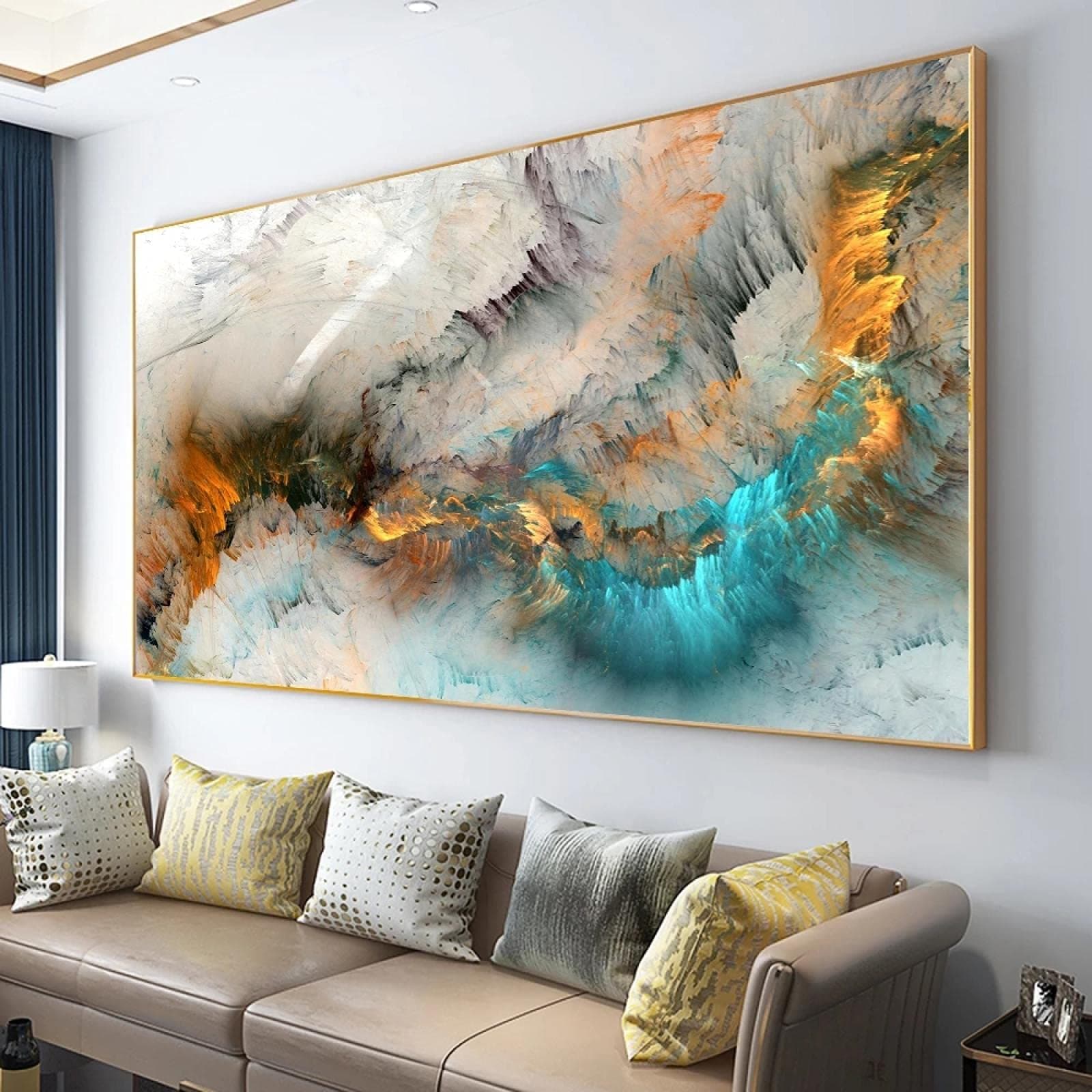 Light Gray Blue Yellow Cloud Abstract Canvas Frames - Canvas Painting Wall Art Print Poster For Living Room Decoration 70x140cm With Frame