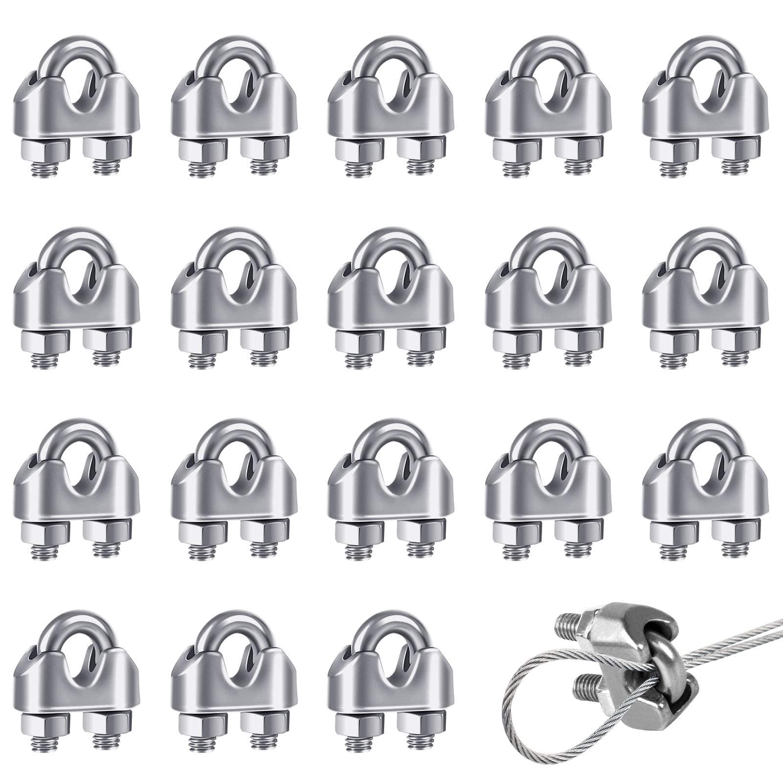 KASTWAVE Wire Rope Clip Cable Clamp, 18 Pcs M3 U Bolt Clamp Ø 3mm (1/8") Sturdy 304 Stainless Steel U Bolt Saddle Fastener for Wire Rope Cable Garden Industry Gym