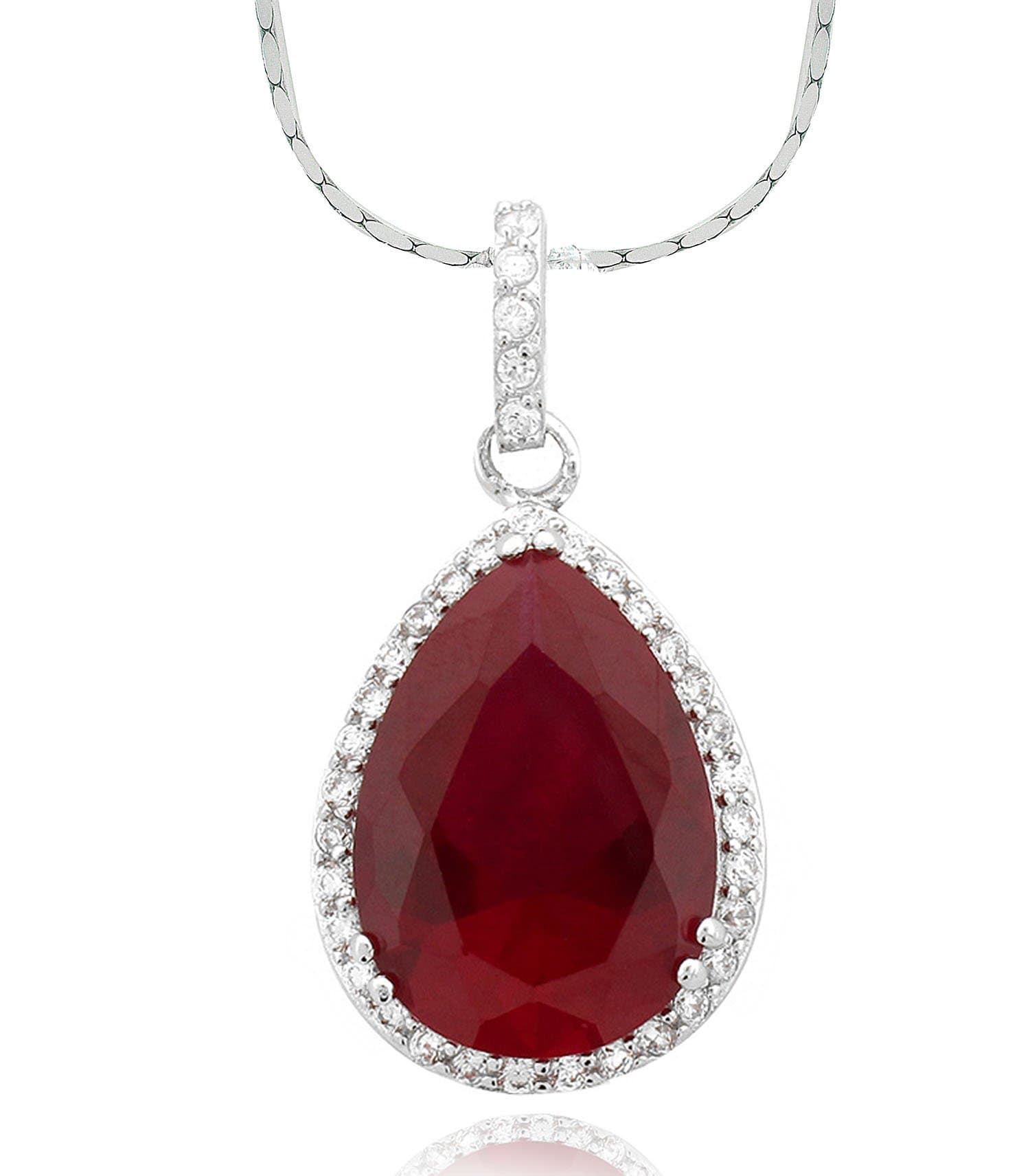 Sterling Silver Lab Created Ruby and White Cubic Zirconia Pear Shape Pendant Necklace 16"