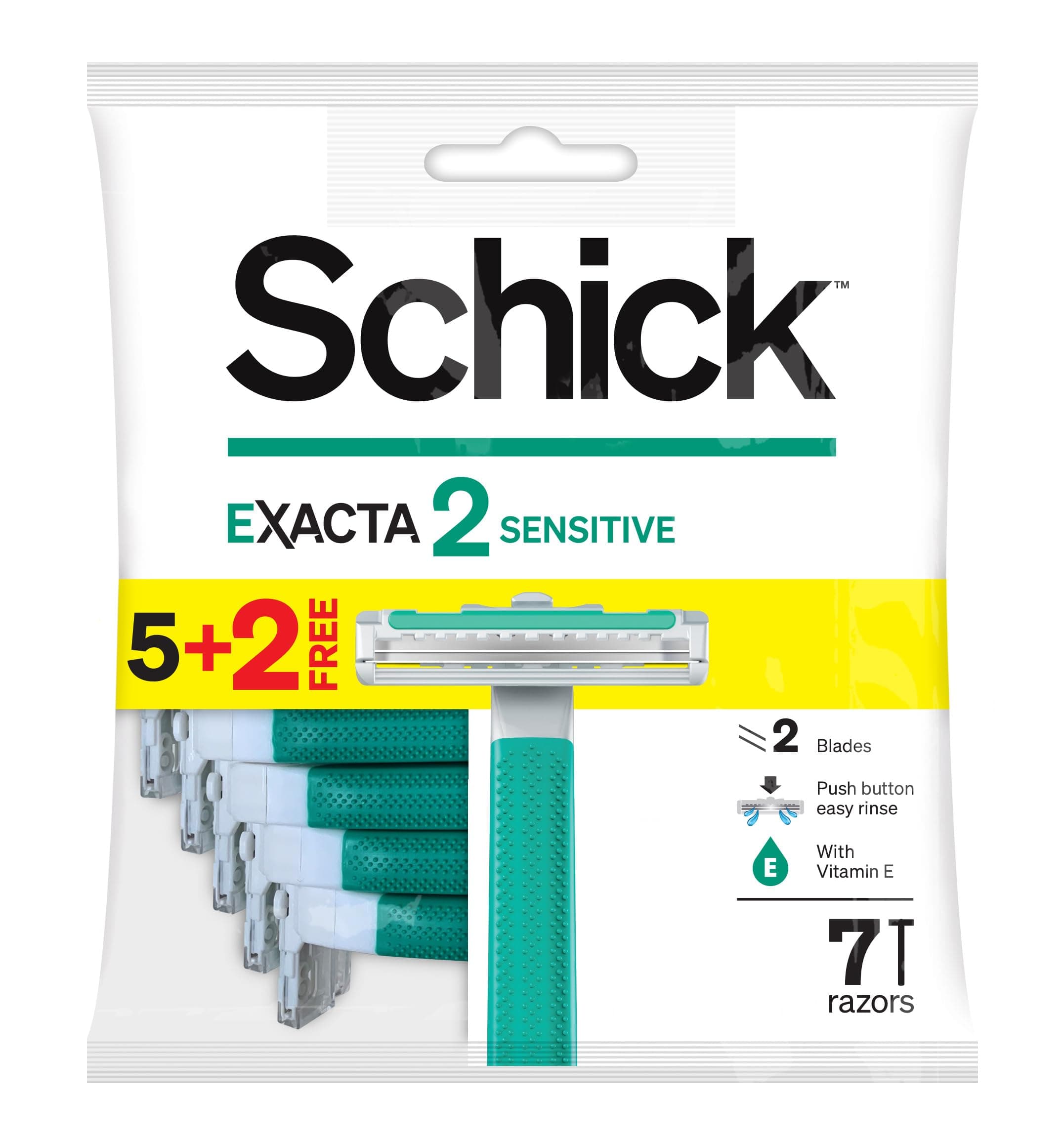 Exacta2 Sensitive Twin Blade Disposable Razor For Men-Strip Enriched With Vitamin E & Aloe-Vera-Close & Smooth Shave-Push Clean Button-Slim Head-Non Slip Comfortable Rubber Grip- 5+2 Razors