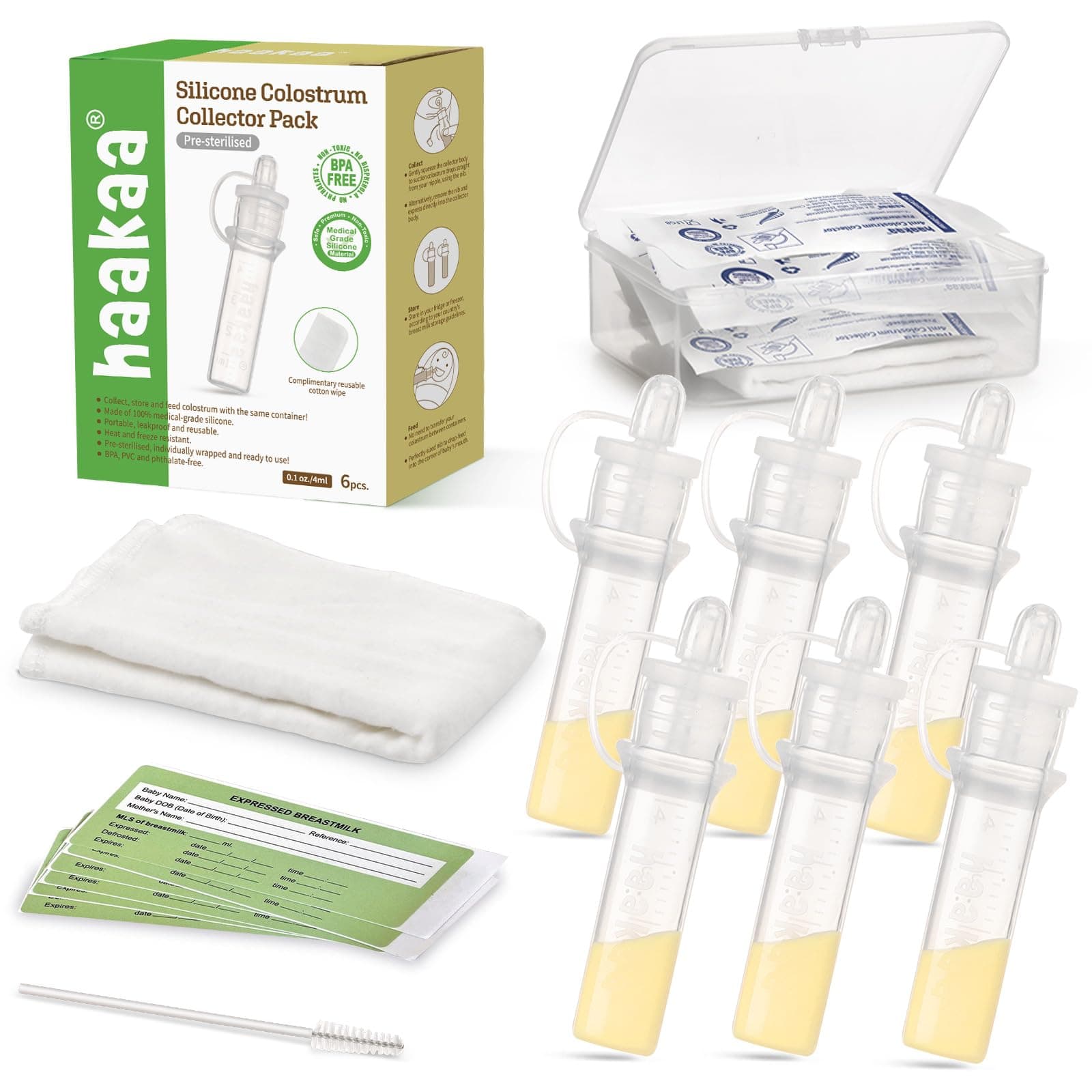 Haakaa Colostrum Collector Set Includes a Portable Case and a White Cotton Cloth Wipe for Breastfeeding Moms to Collect Store and Feed Colostrum, 4ml/6pcs
