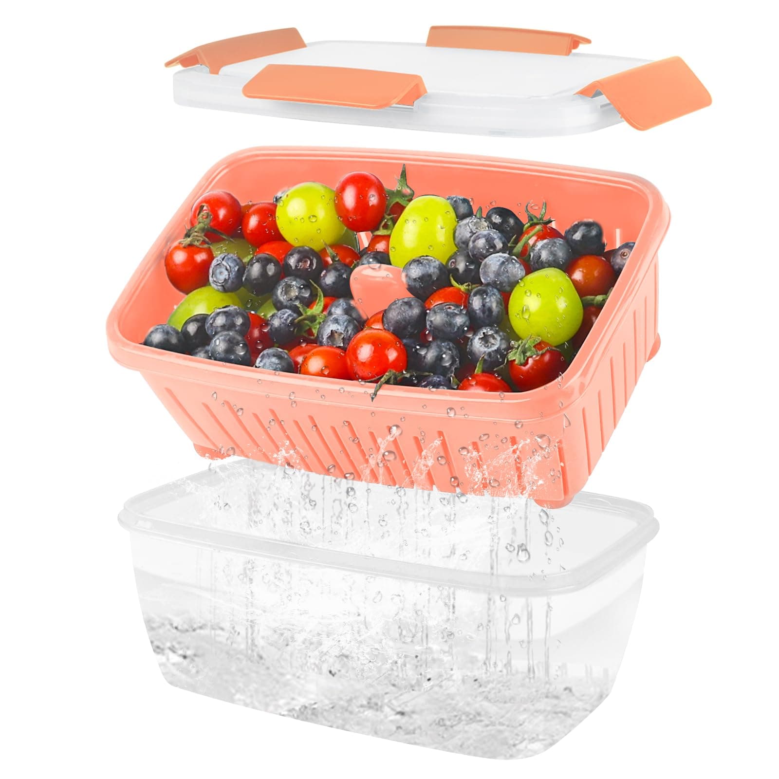 68oz Berry Keeper Fruit Storage Container for Fridge, Fresh Food Produce Saver Containers with Removable Drain Colander, Vegetable Lettuce Keeper Bowl, Refrigerator Organizer, PRESS TO OPEN CLOSE LID