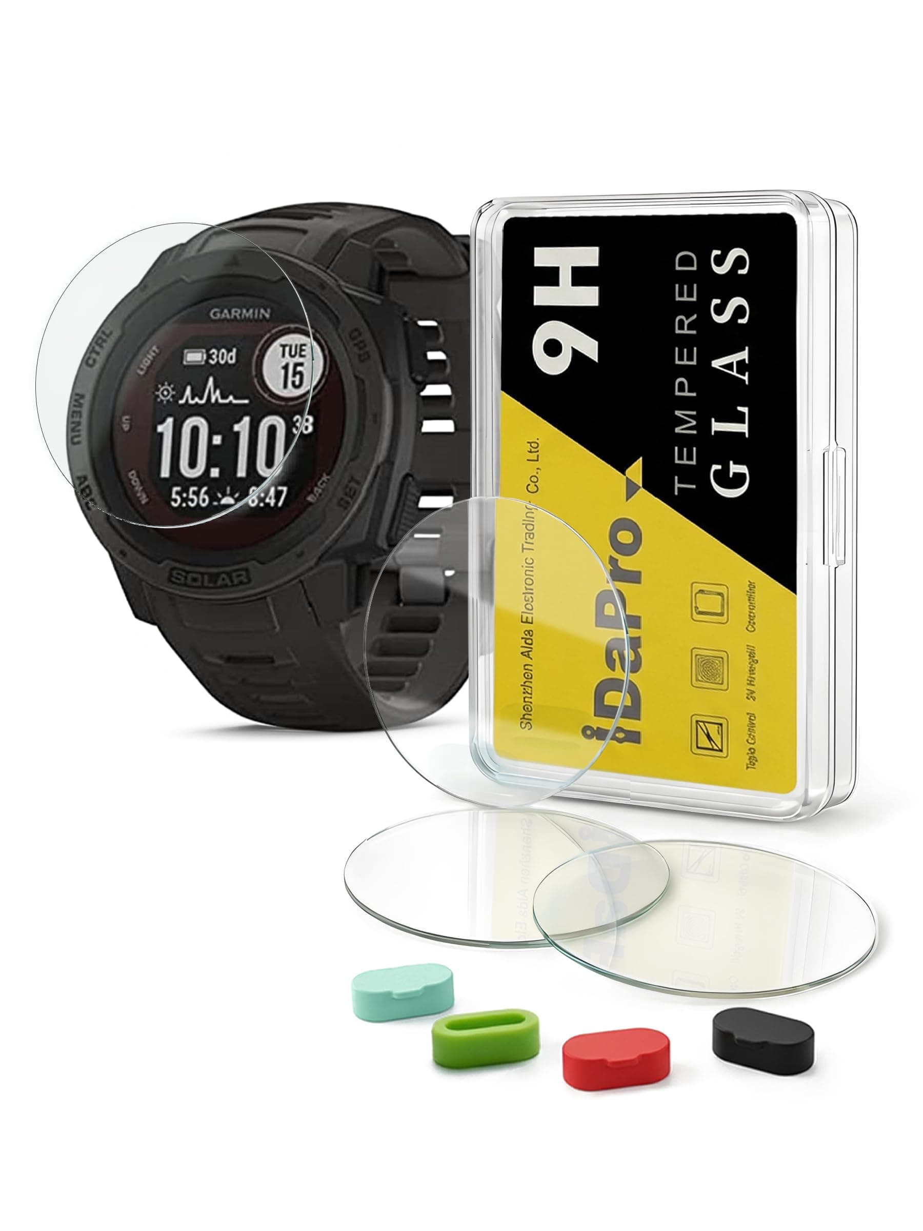 iDaPro [4 x Screen Protectors for Garmin Instinct Solar Tactical/Instinct Tactical/Instinct (Not for Instinct 2/2s/2x/3) + 4-Piece Charging Port Protection, 9H Hardness Tempered Glass