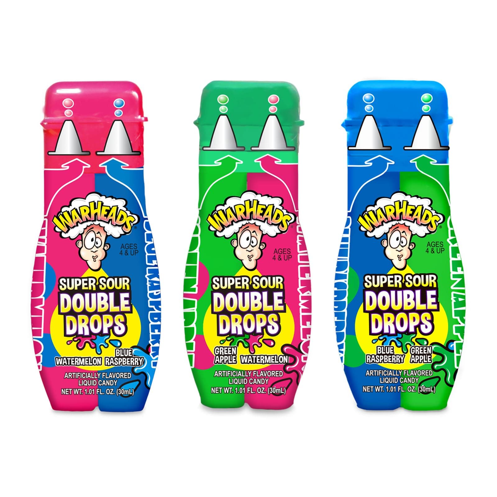 Super Sour Double Drops - Liquid Sour Candy - Blue Raspberry, Green Apple and Watermelon Assorted Flavors - 1.01 oz. Bottles - 3 Pack