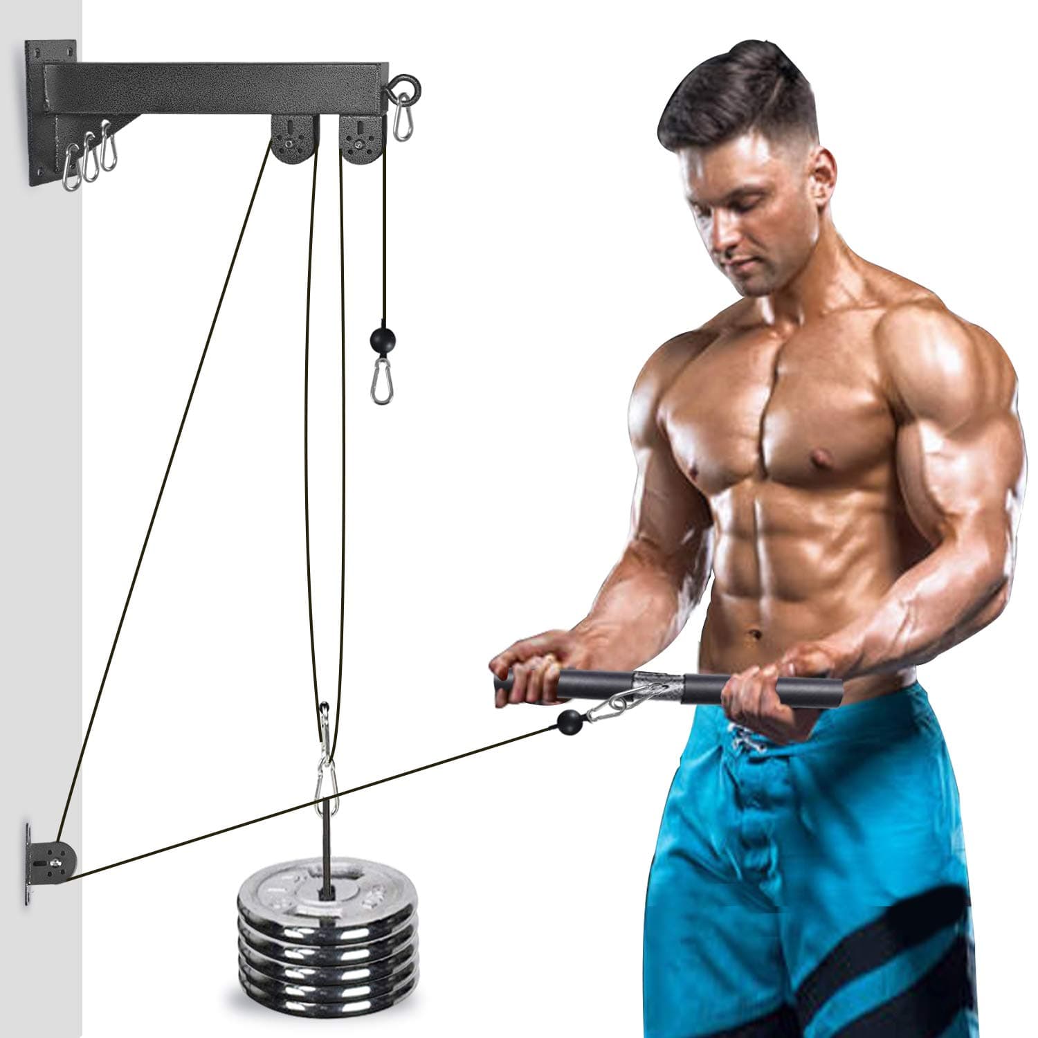 omotor Tricep Press Down Pulley Cable Machine Attachment System with Loading Pin LAT Pulldown Bar Tricep Rope D Handle