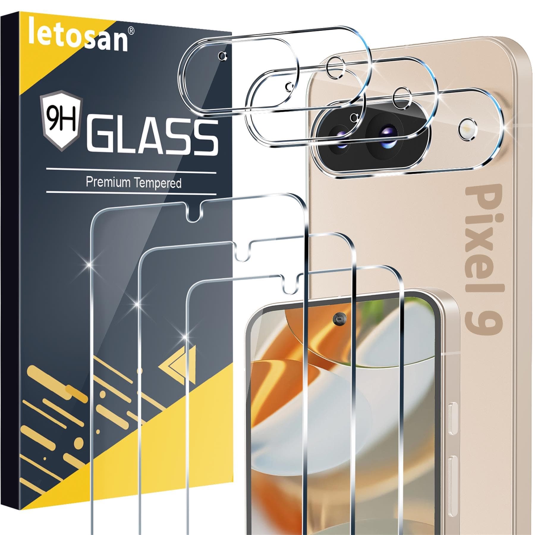 letosan 3 Pack for Google Pixel 9 Screen Protector Tempered Glass + 3 Pack Camera Lens Protector, Military Grade Shatterproof, 9H Hardness, Fingerprint Unlock,Case Friendly 6.3 Inch