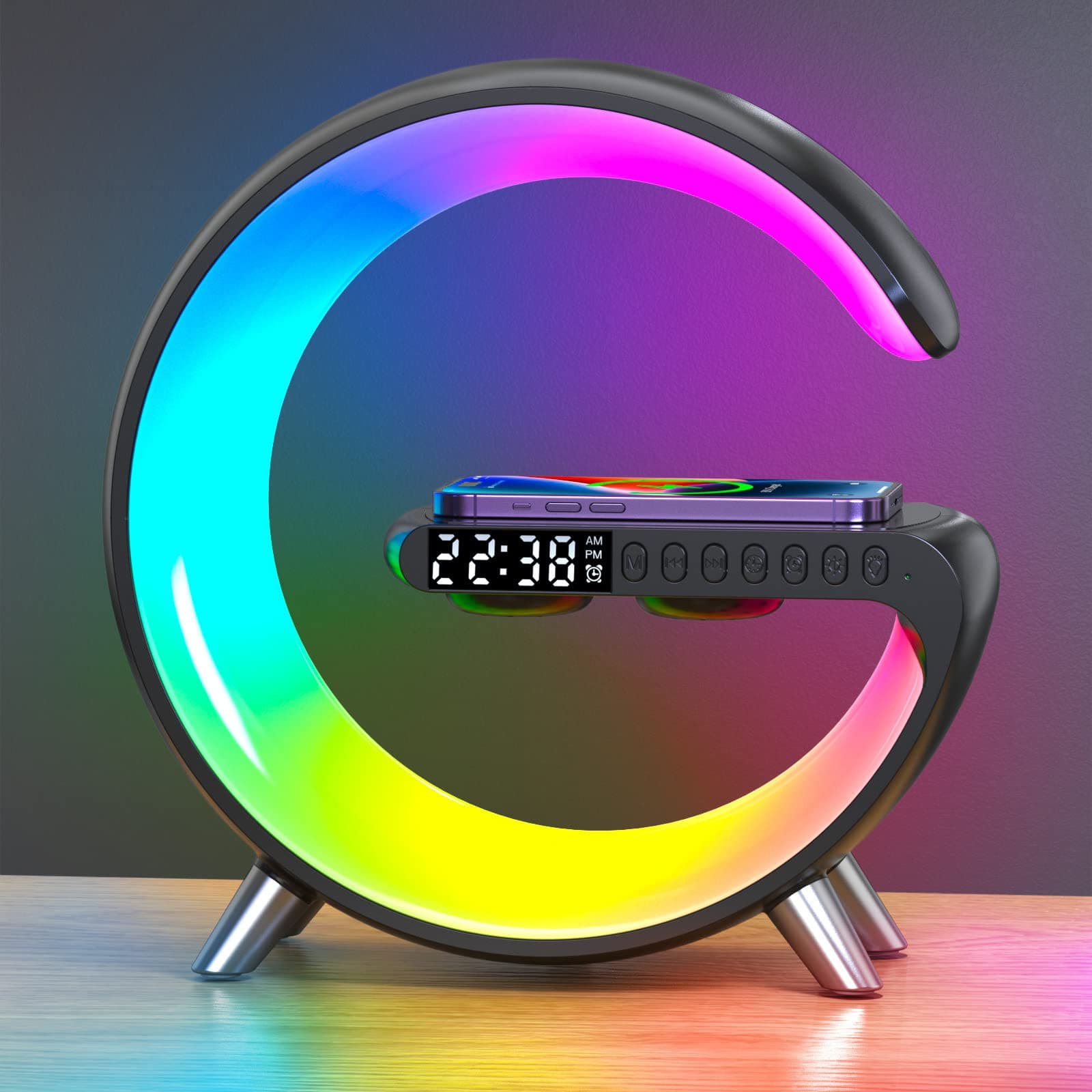 - BKDRL Bluetooth Speaker Wireless Charger with Portable Small Mini Speaker,Wireless Atmosphere Lamp,Multifunctional RGB Night Light Alarm Clock & Charging Station,App Control (Black) (ZORAST-803)