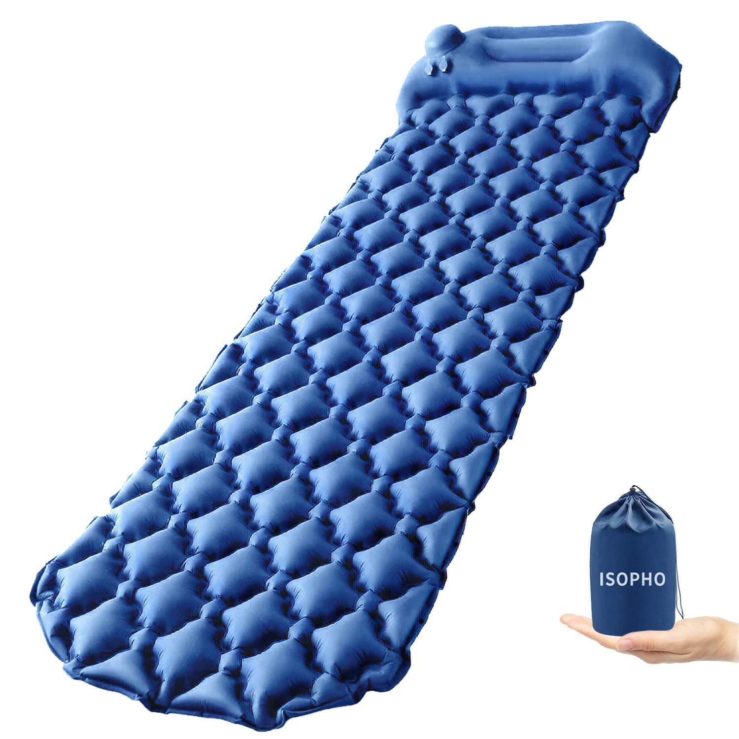 ISOPHO Sleeping Pad, Camping Sleeping Mat with Built-in Sponge Pump 79.5’’ x 25.9’’ Ultra-Light Durable Self-Inflating Camping Pad for Backpacking, Hiking,Camp Sleep Pad, Storage Bag (Blue)