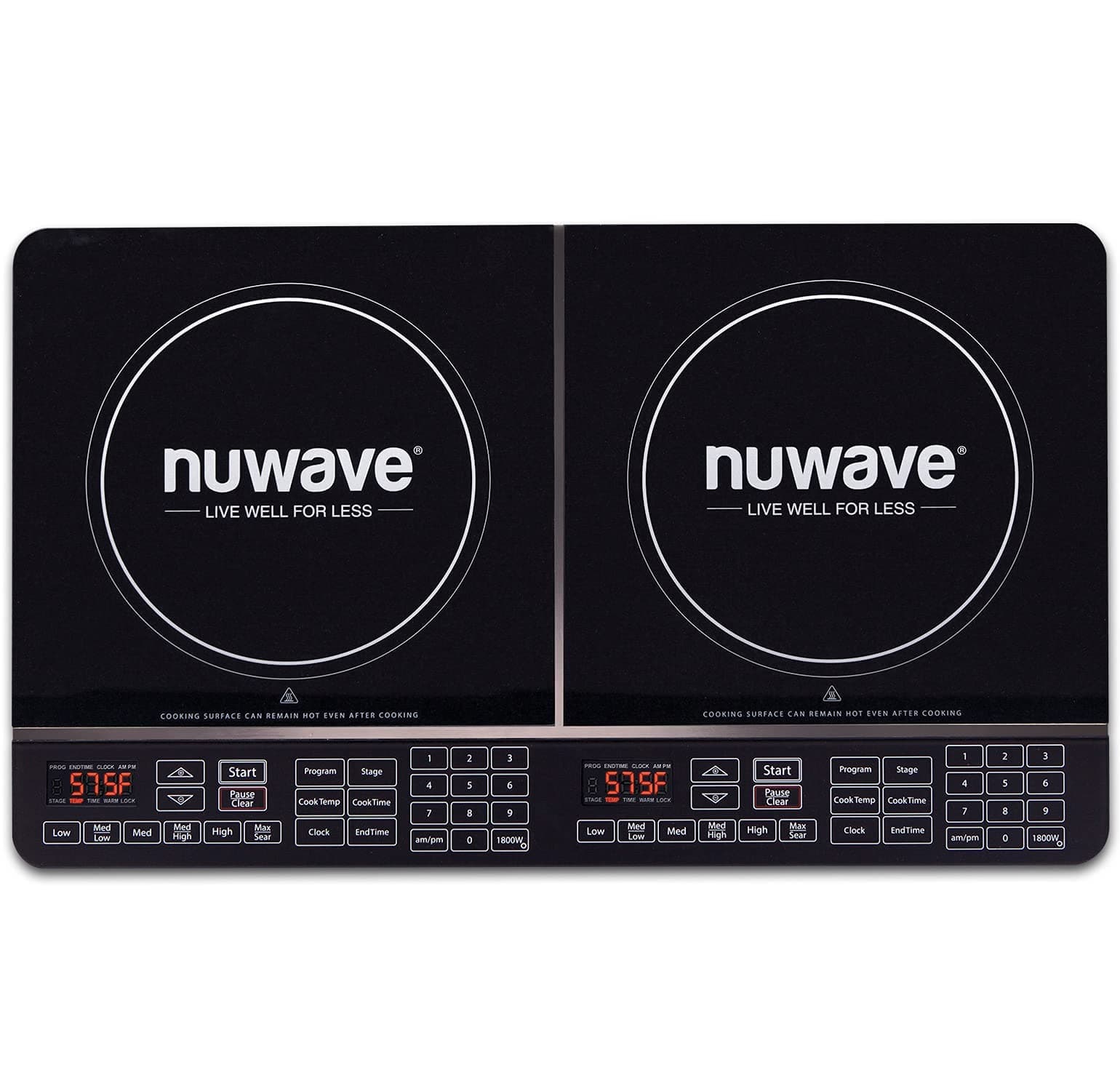 Double Induction Cooktop, Powerful 1800W, 2 Large 8” Heating Coils, Independent Controls, 94 Temp Settings from 100°F to 575°F in 5°F Increments, 2 x 11.5” Shatter-Proof Ceramic Glass Surface