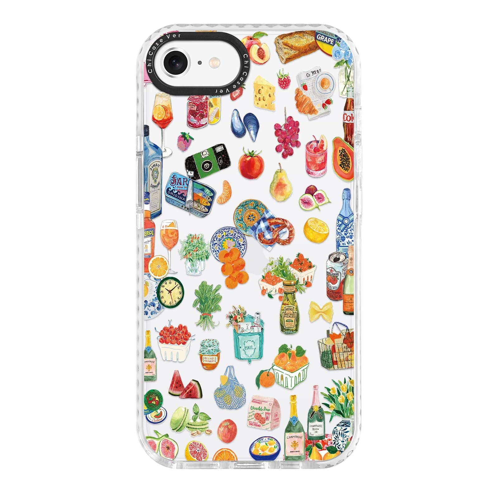 for iPhone 7/8/SE Case, Gourmet Food Collage Pattern with Fruits & Croissants, Military-Grade Drop Protection, Juicy Foodie Soft Slim TPU Protective & Camera Protection for Women Girls