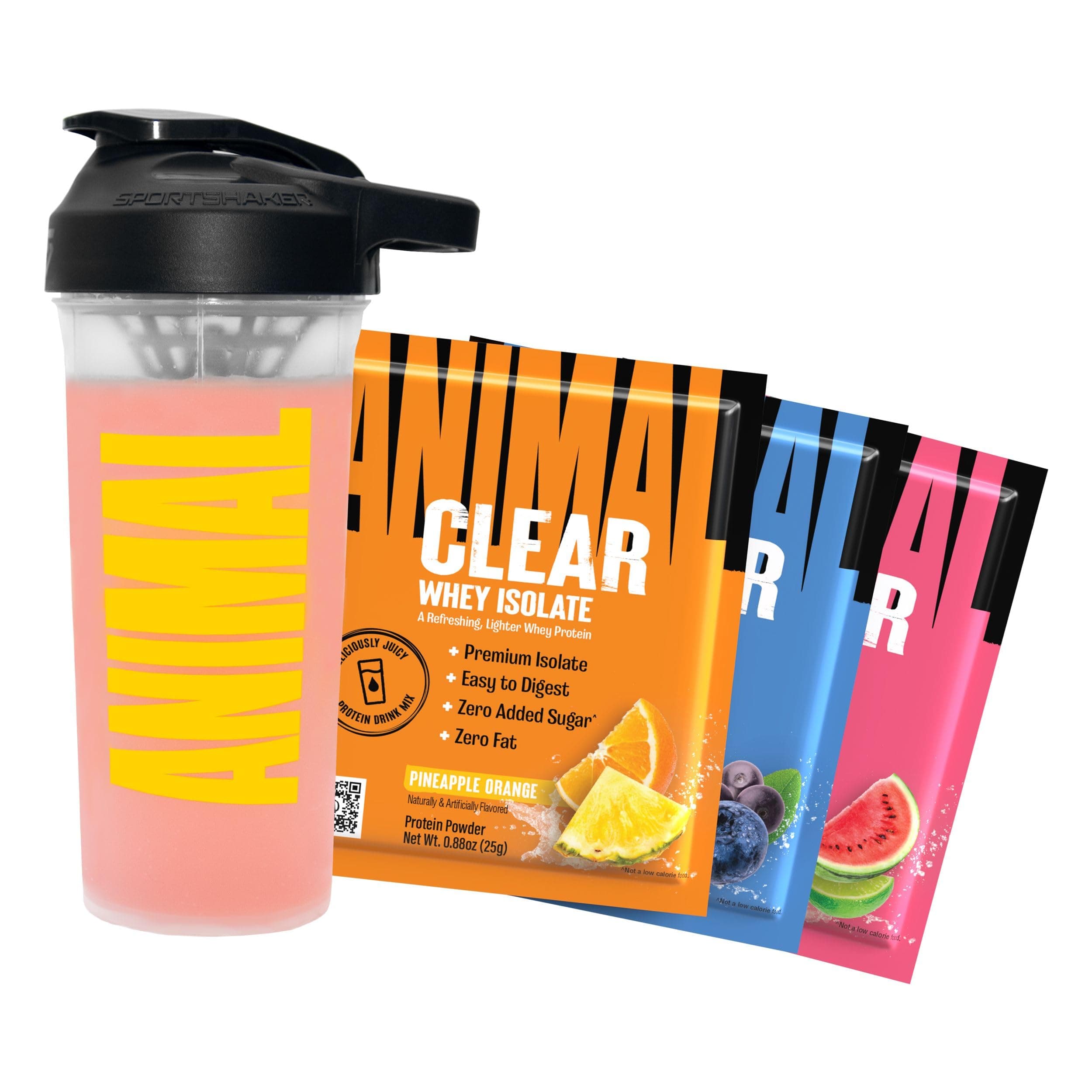– Animal Clear Whey Protein Isolate Sampler Pack & Shaker Bottle - Deliciously Juicy 20g Protein, Watermelon Limeade, Blueberry Acai, Pineapple Orange, 3 Single-Serving Packets