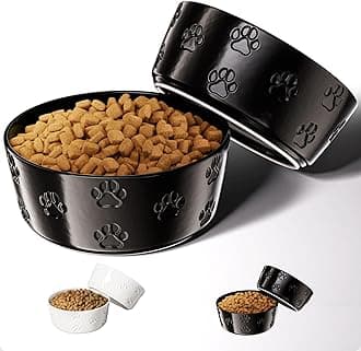 Ceramic Dog Bowl Set with Anti-Slip Rings - 7.5" Round x 3" Tall Set of 2 Ceramic Dog Bowls for Large Dogs - Dog Food and Water Bowl - Black Dog Food Bowls - Dog Bowls for Medium Dogs - Cute Dog Bowls