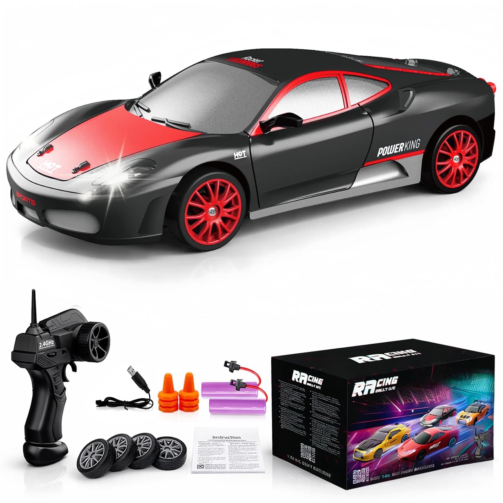 Remote Control Car RC Drift Car 2.4GHz 1:24 Scale 4WD 15KM/H High Speed Model Vehicle with LED Lights Drifting Tire Racing Sport Toy Car for Adults Boys Girls Kids Gift 2Pcs Rechargeable Batteries