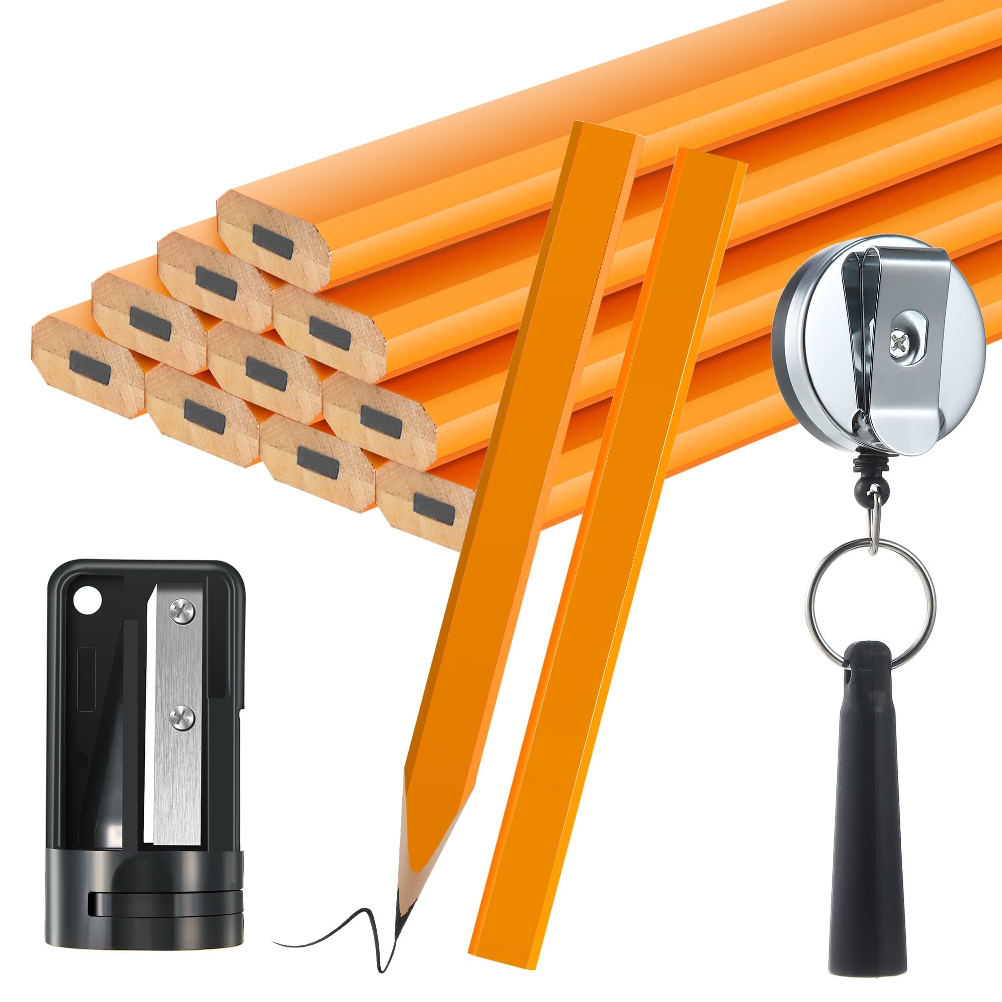 14 Pcs Carpenter Pencils, 7 Inches Flat Octagonal Hard Black Woodworking Construction Pencils Heavy Duty with Pencil Sharpener and Retractable Pull Pen Holder for Contractor Carpentry(Yellow)