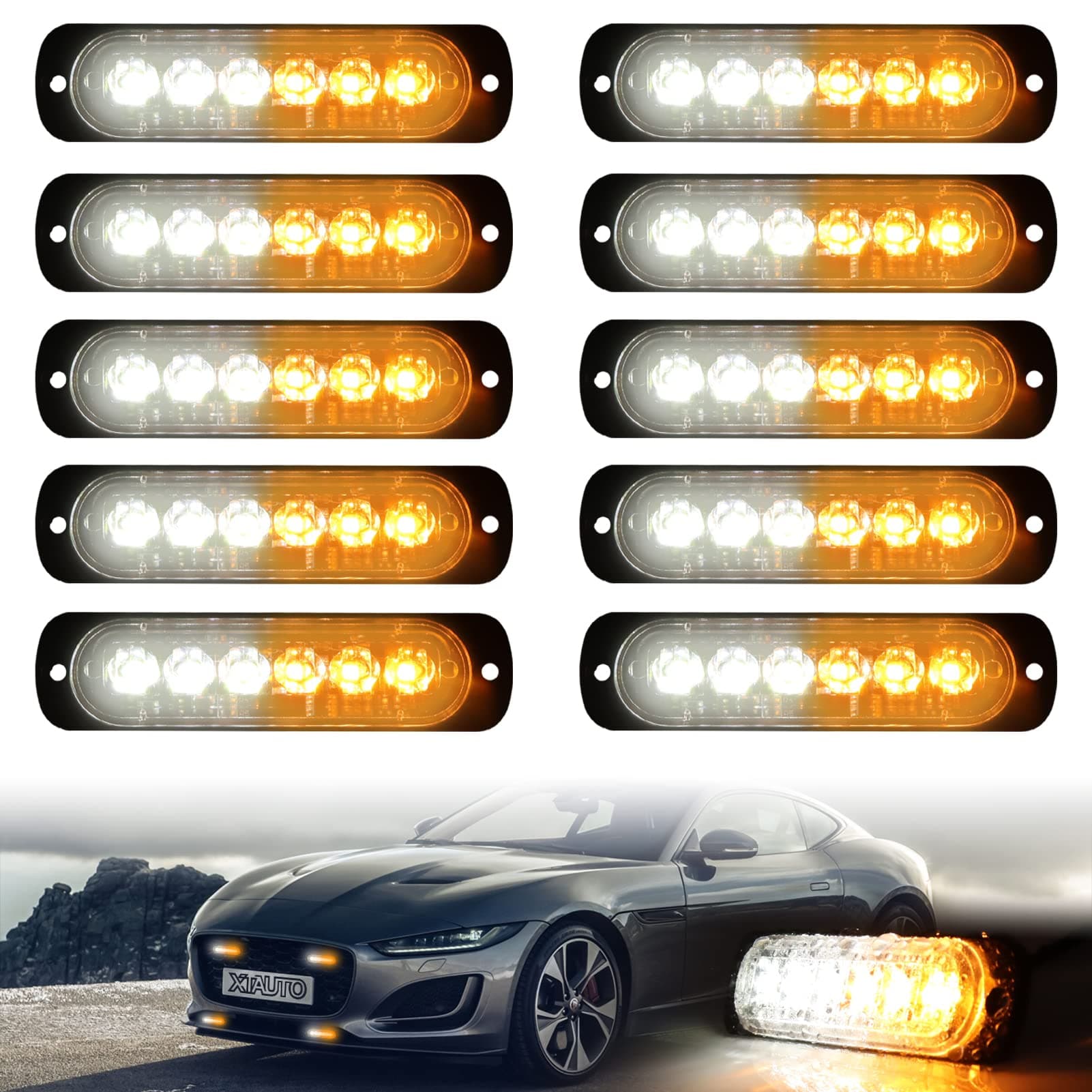 10pcs LED Emergency Strobe Light, Amber White 6-LED Ultra Slim Surface Mount Flashing Warning Hazard Caution Light Bar for Car Truck Off Road Vehicles