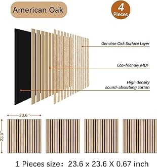 Acoustic Wood Panels for Wall 4-Pack - Natural Oak Veneer Soundproof Panels for Home & Office, 23.6" Wood Wall Panels with Noise Reduction (23.6" W x 23.6" L)