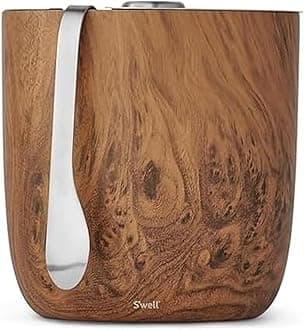 S’well Stainless Steel Ice Bucket with Tongs, 68oz Capacity, Teakwood Pattern Finish, Triple-Layer Vacuum Insulated to Keep Ice Colder Longer, BPA-Free Barware