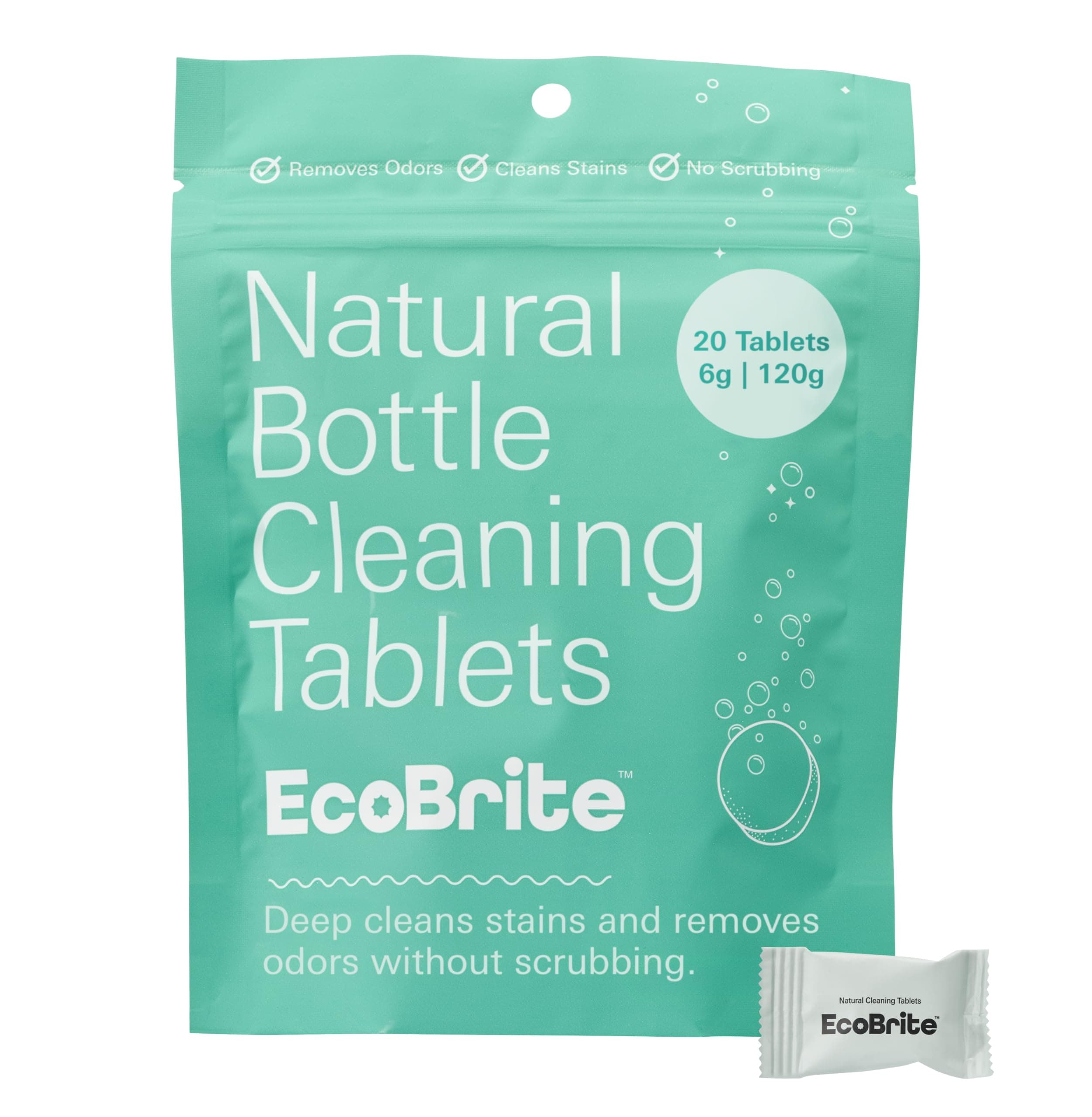 EcoBrite Powerful Cleaning Tablets, Cleans Bottles, Coffee Cups, Pots, Pans, Camping Gear, Pet Bowls, and Much More - 20 pack (Individually Wrapped) Made From Naturally Sourced ingredients