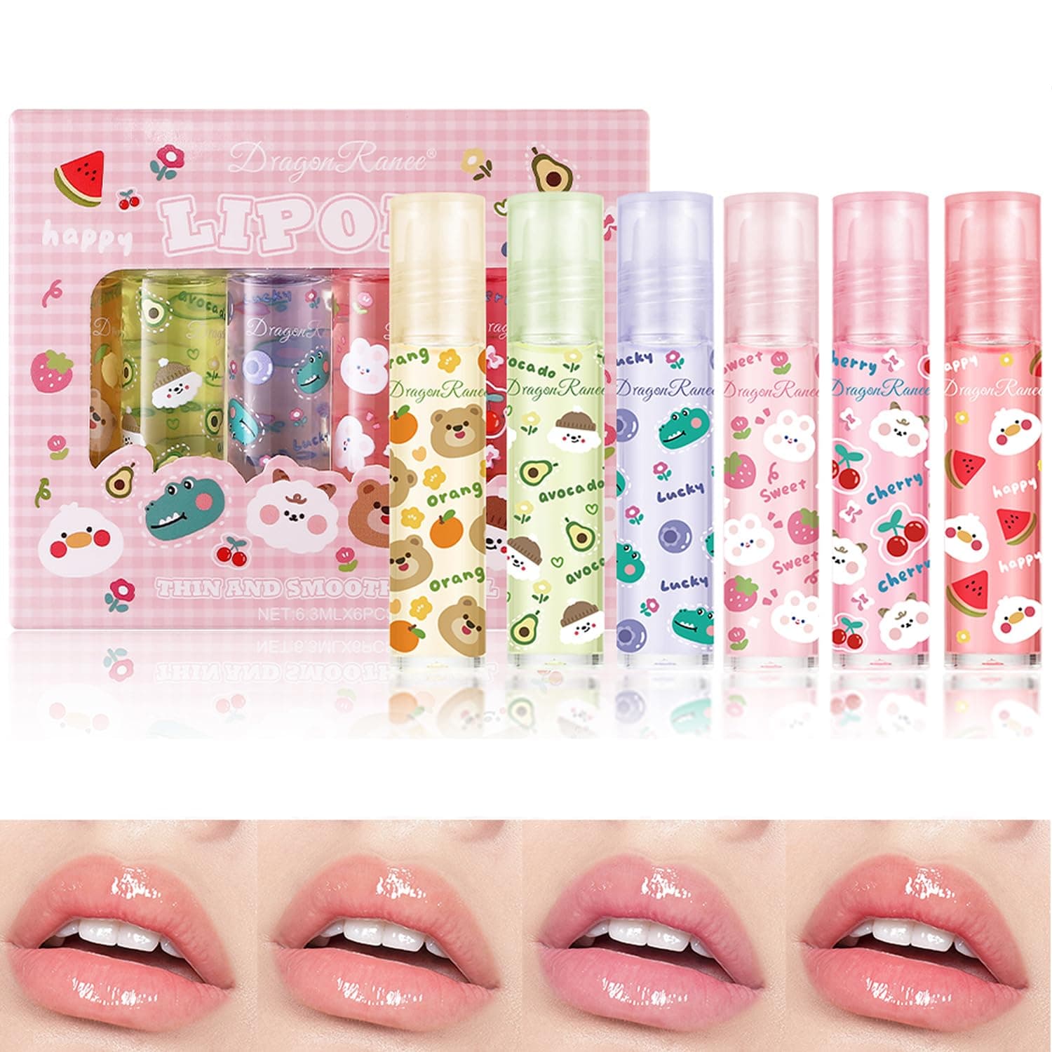 6pcs Lip Gloss Set, Fruit Flavored Moisturizing Lip Balm Lip Oil Set, Lip Plumper Extreme Roll on Lip Oil, Lipstick for Lips Moisturized and Plumper