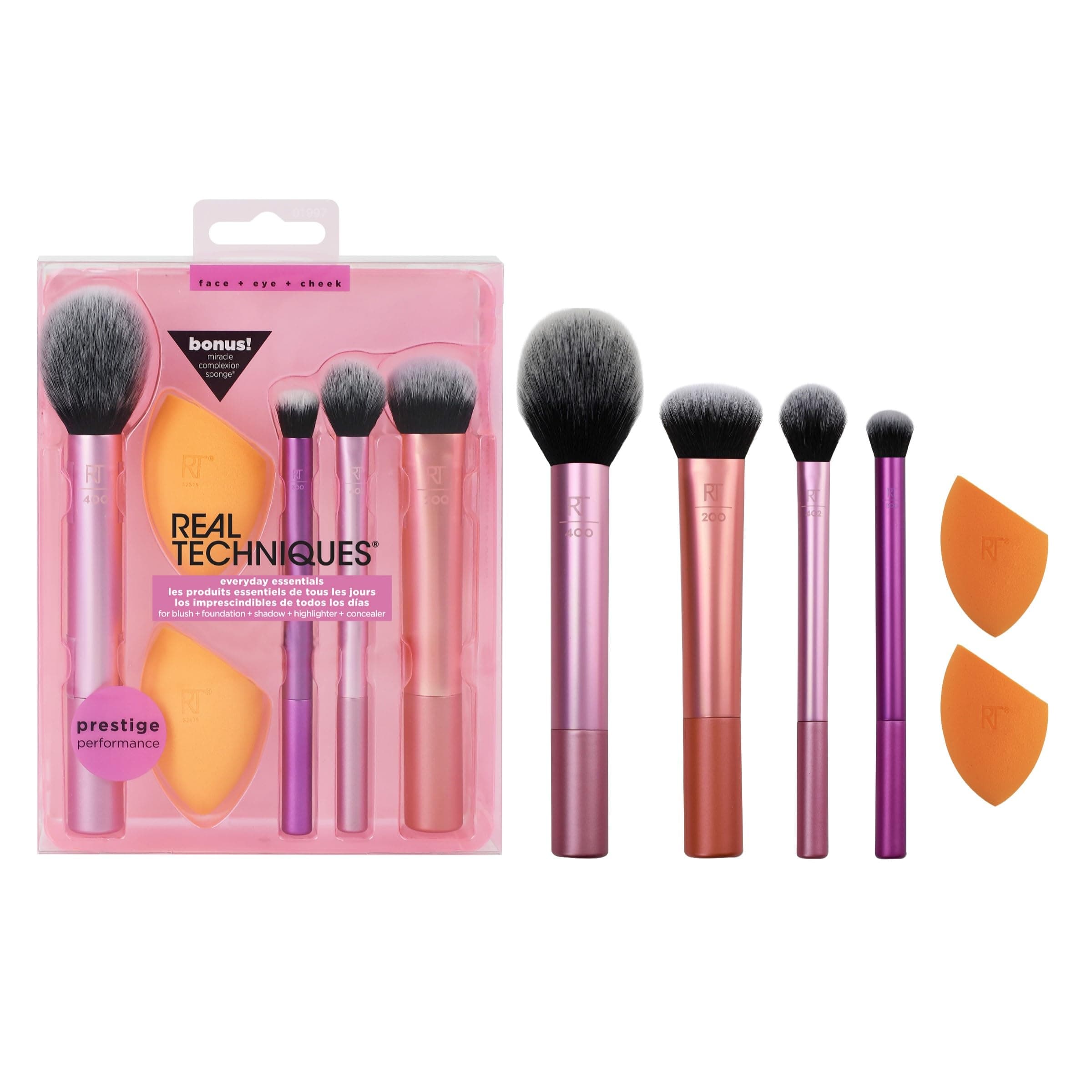 6 Piece Everyday Essentials Makeup Brush Set, Includes 4 Brushes & 2 Makeup Sponges, For Foundation, Blush, Bronzer, Contour, Eyeshadow, & Powder, Travel Gift Set, Cruelty-Free & Vegan