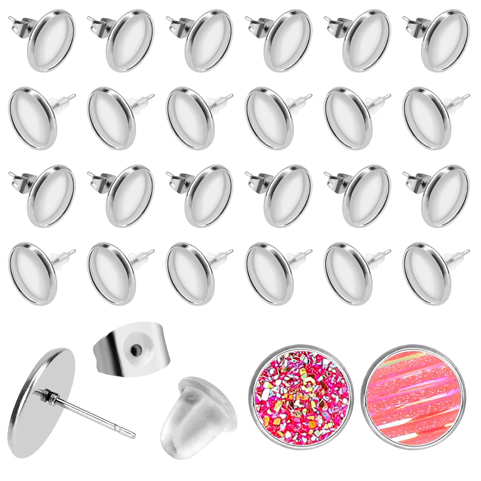 300Pieces Stud Earring Kit Bezels for Jewelry Making Blank Include 100 Stainless Steel Blank Stud Earring 100 Silver Stainless Steel Earring Back 100 Clear Silicone Earring Backs for DIY Making