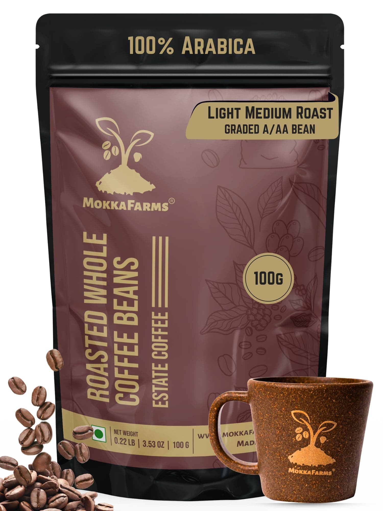 MokkaFarms Premium Roasted Coffee Beans 100g | 100% Arabica | Light-Medium Roast | Fresh Estate Coffee | Graded A/AA Whole Beans | Strong Flavor & Aroma | Farm to Fork Quality | Resealable Zip Lock Bag