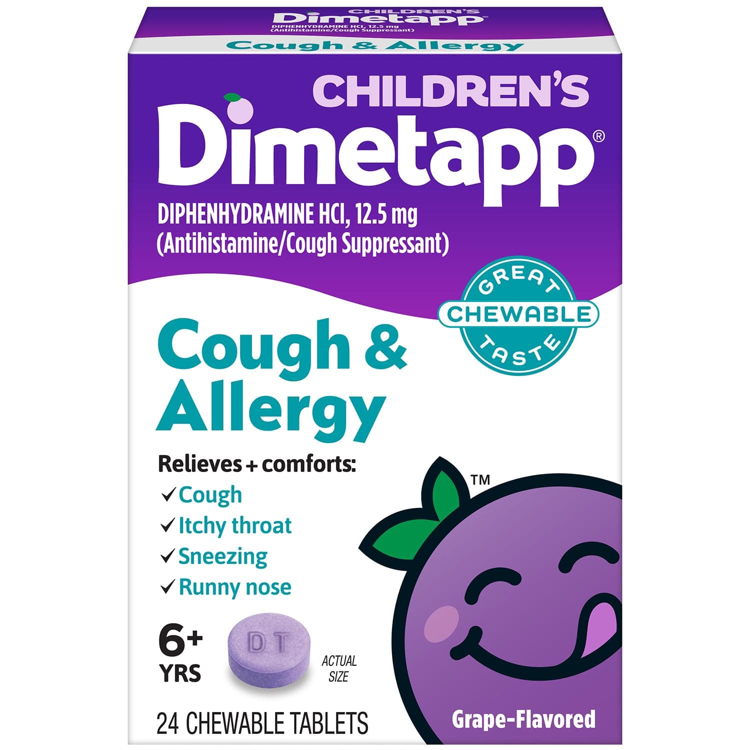 Children’s Dimetapp Fast-Acting Chewable Cough & Allergy Medicine, Antihistamine, Cough Suppressant, Grape Flavor, Relieves Cough, Itchy Throat, Sneezing & Runny Nose, 24 Chewable Tablets