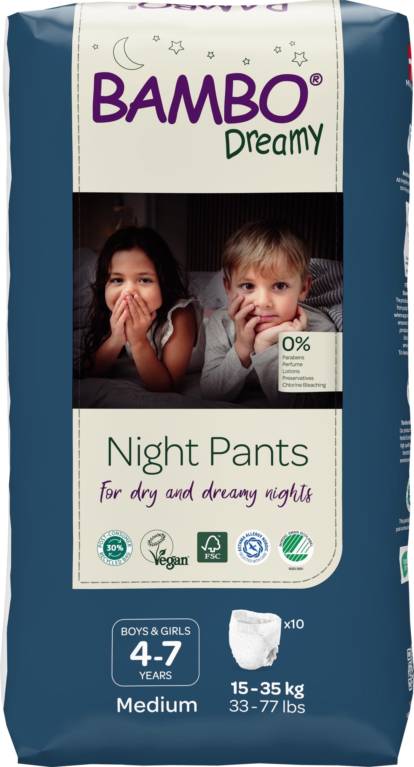 Bambo Nature Premium Dreamy Night Pants, Pull Up Pants, Eco-Labeled Night Time Diapers, Secure, Comfortable, Skin Friendly : Children Aged 4-7 Years, 10 Count