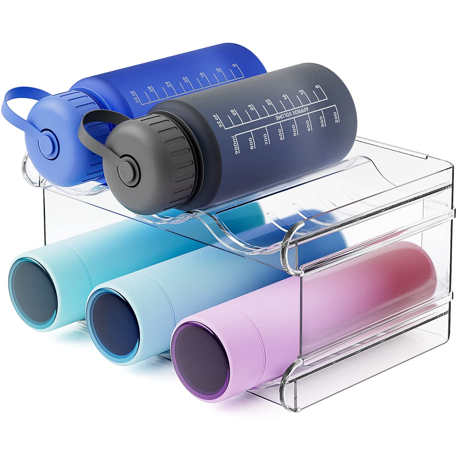 Water Bottle Organizer, Stackable Water Bottle Holder for Kitchen Pantry, Fridge, Cabinet, Stackable Cup Holder for Wine, Water, Drink-2 Pack, Each Rack Holds 3 Containers