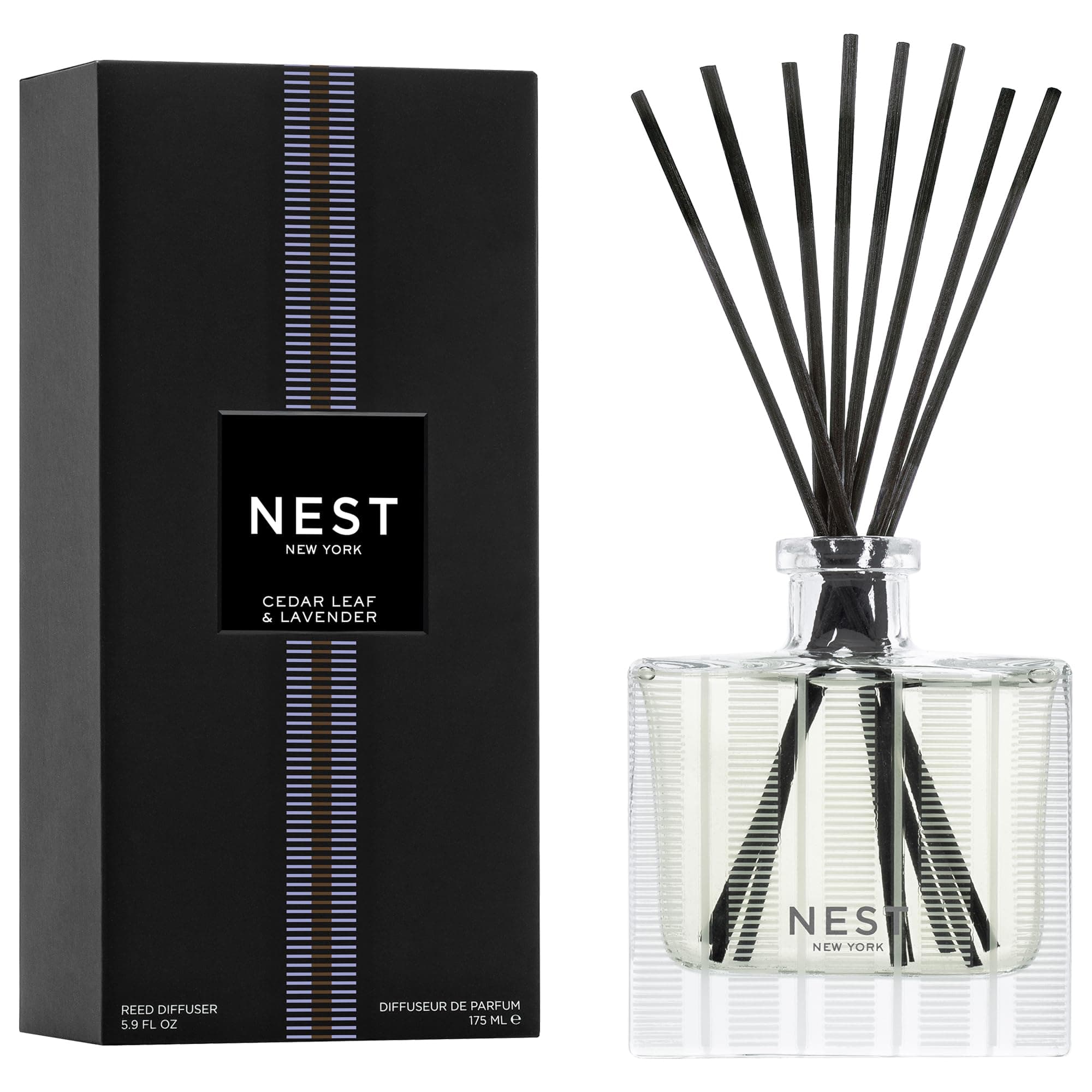 NEST New York Reed Diffuser, Cedar Leaf & Lavender - 5.9 fl oz - Fragrance for Up to 90 Days - Reusable, Refillable Glass Holder - Includes 8 All-Natural Reed Sticks - Flame Free
